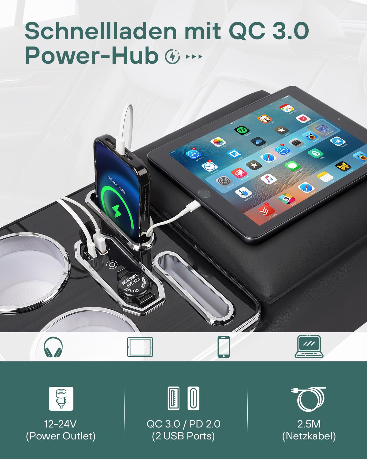 Mittelkonsole Auto mit Ablagen Staufach, Upgrade Mittelkonsole Organizer Auto mit 7 Farben LED-Leuchten und USB, Universal Mittelkonsole Auto Rückbank & Beifahrersitz für Bus,LKW,Van,SUV,Auto