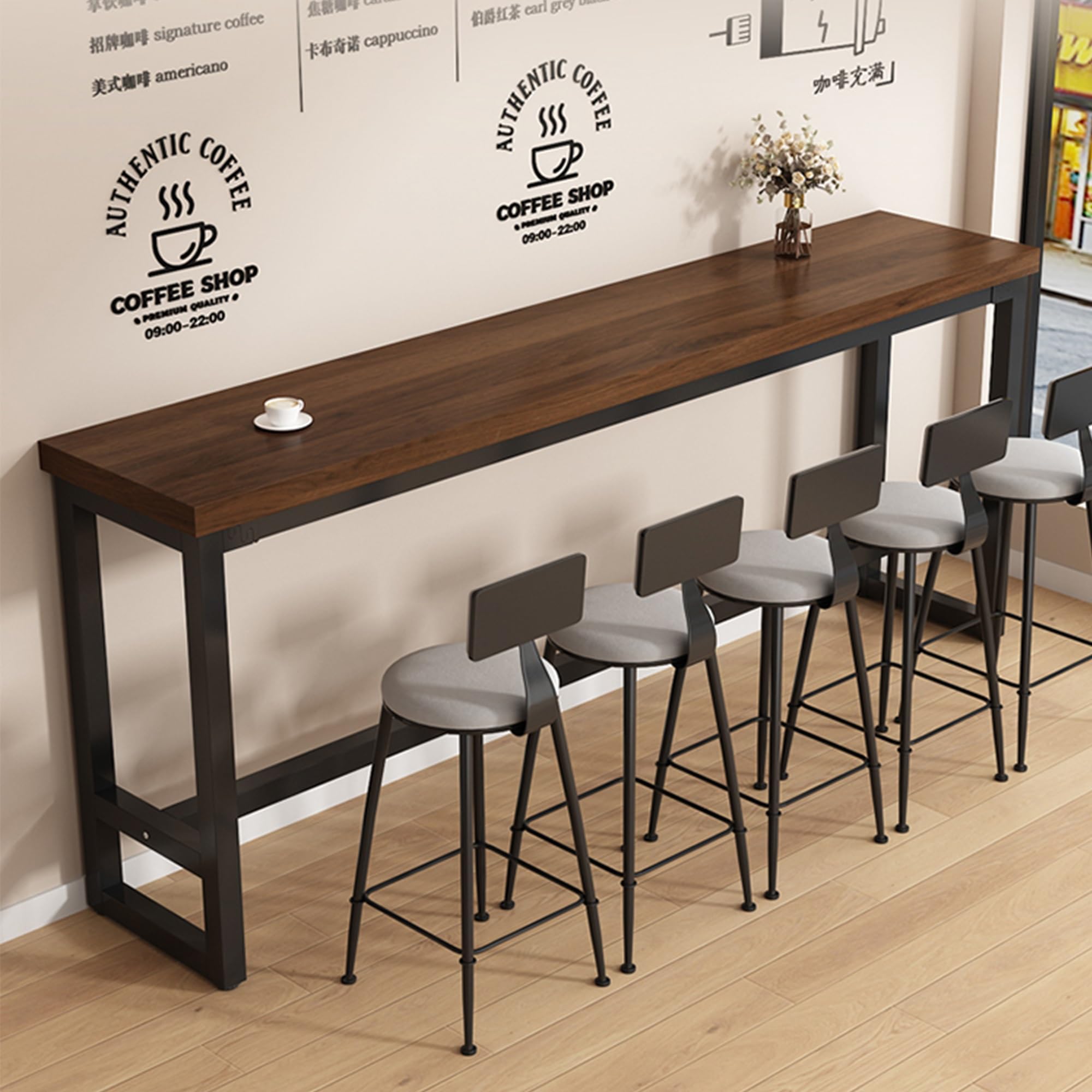 Tavolo da bar in legno massello stretto – 180,3 cm altezza bancone tavolo da pub con base in metallo per cucina, caffetteria, sala da pranzo – design moderno (sedie non incluse)