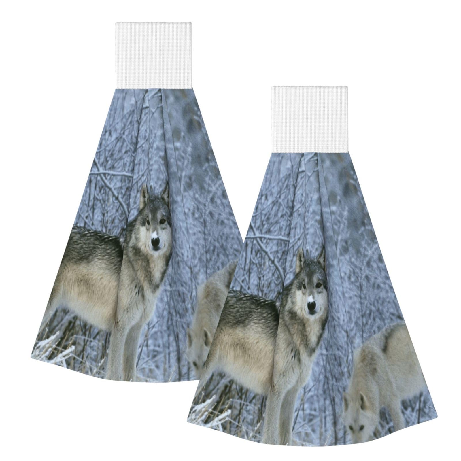 DOPKLNA Wild Animals Wolf Printed, 2 Pcs Hanging Coral Fiber Hand Towels for Bathroom, Absorbent Kitchen Towels