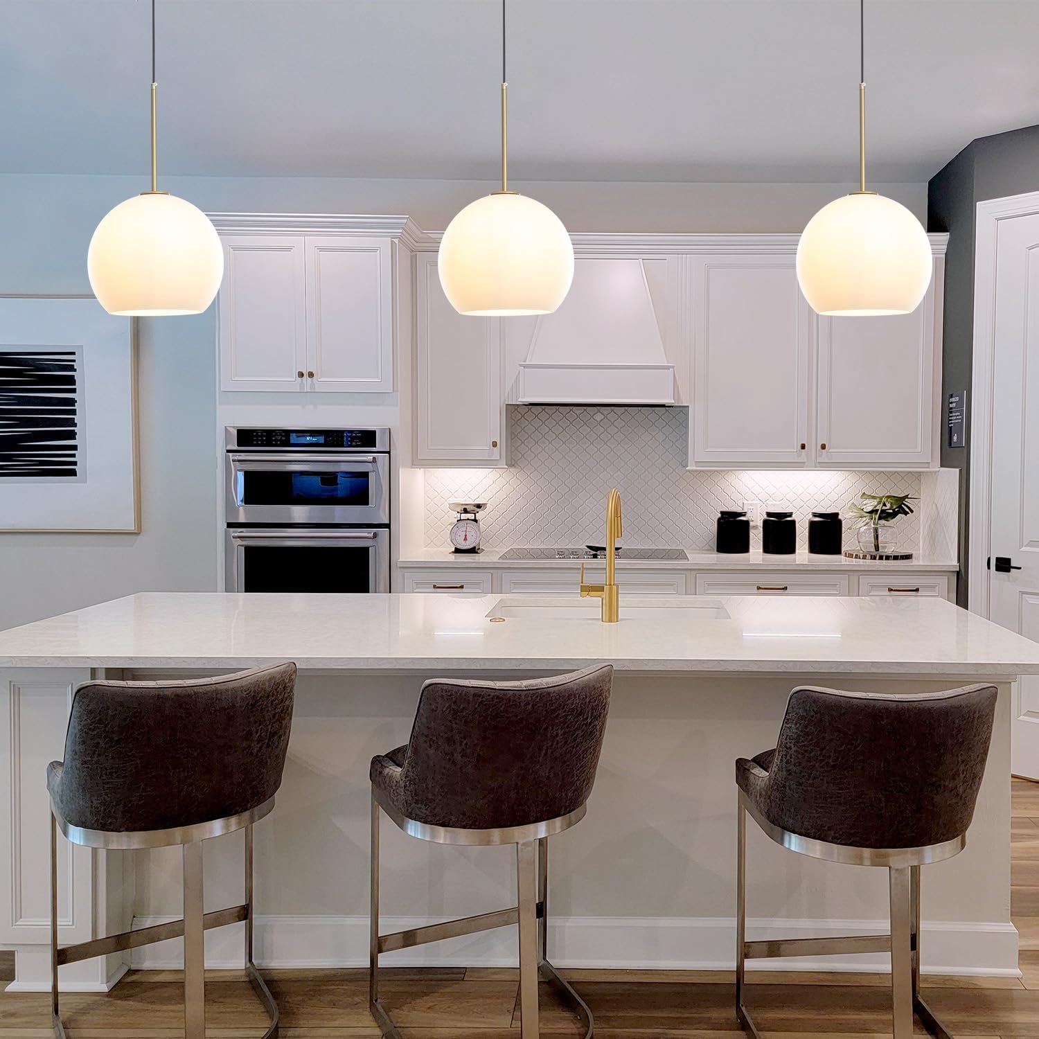 Modern Globe Pendant Light Fixtures, Mid-Century Glass Globe Flush Mount Ceiling Light, Rustic Light Pendant Lights Kitchen Island Dinning Hanging Pendant Light ﻿ (Gold-Frosted White, 25cm/10”)