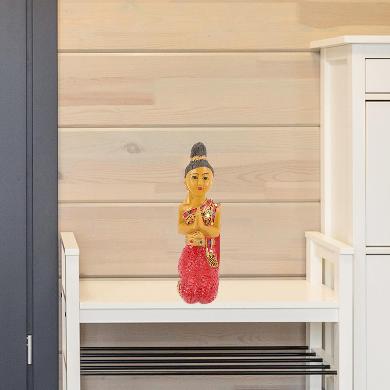 VILLCASE Estatua de Buda Arrodillado de Madera Rojo Adorno de Mesa