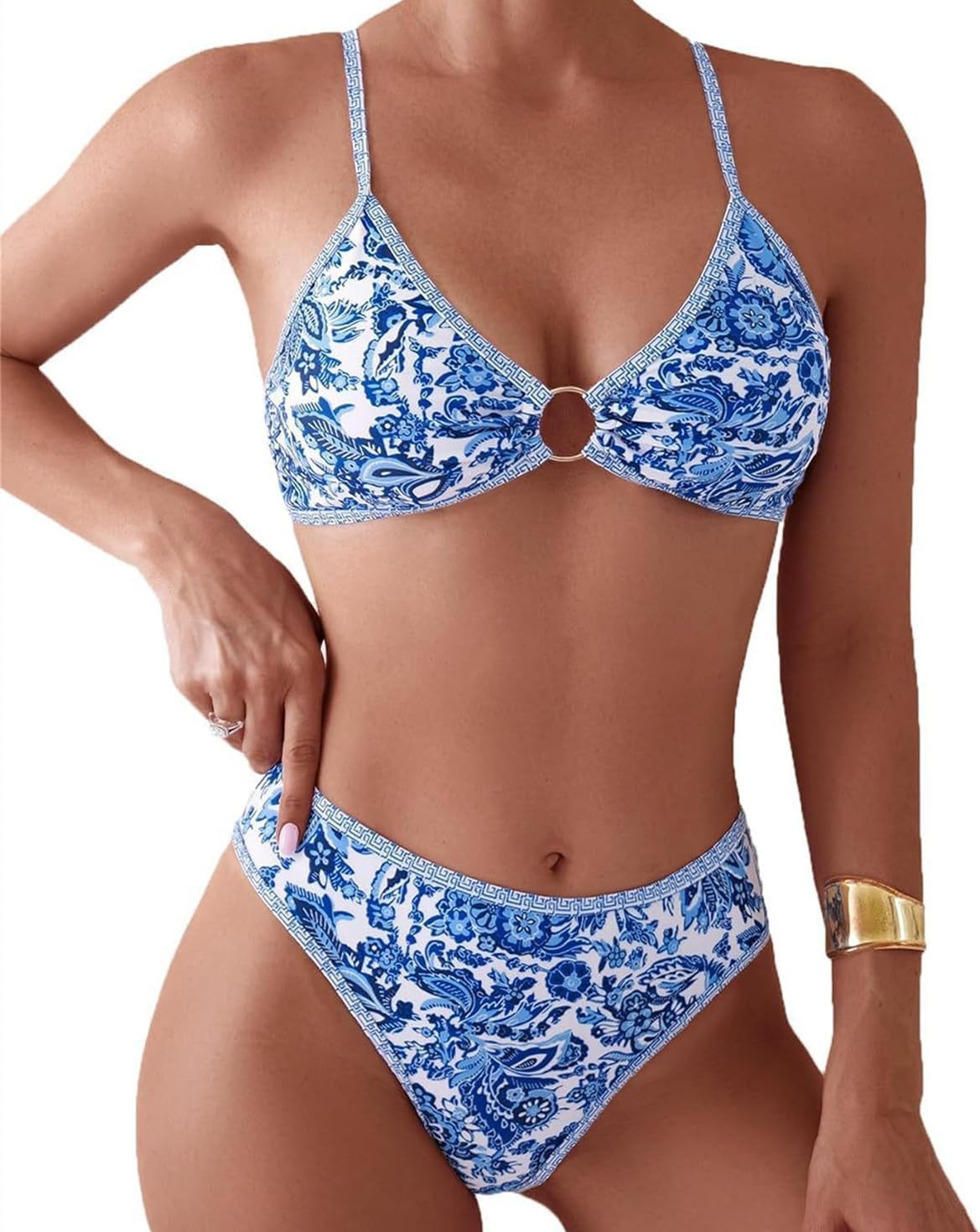 Women's Blue Paisley Print Bikini Set, Triangle Top with Ring Detail, High Cut Bottom Sexy Swimwear PQ2584