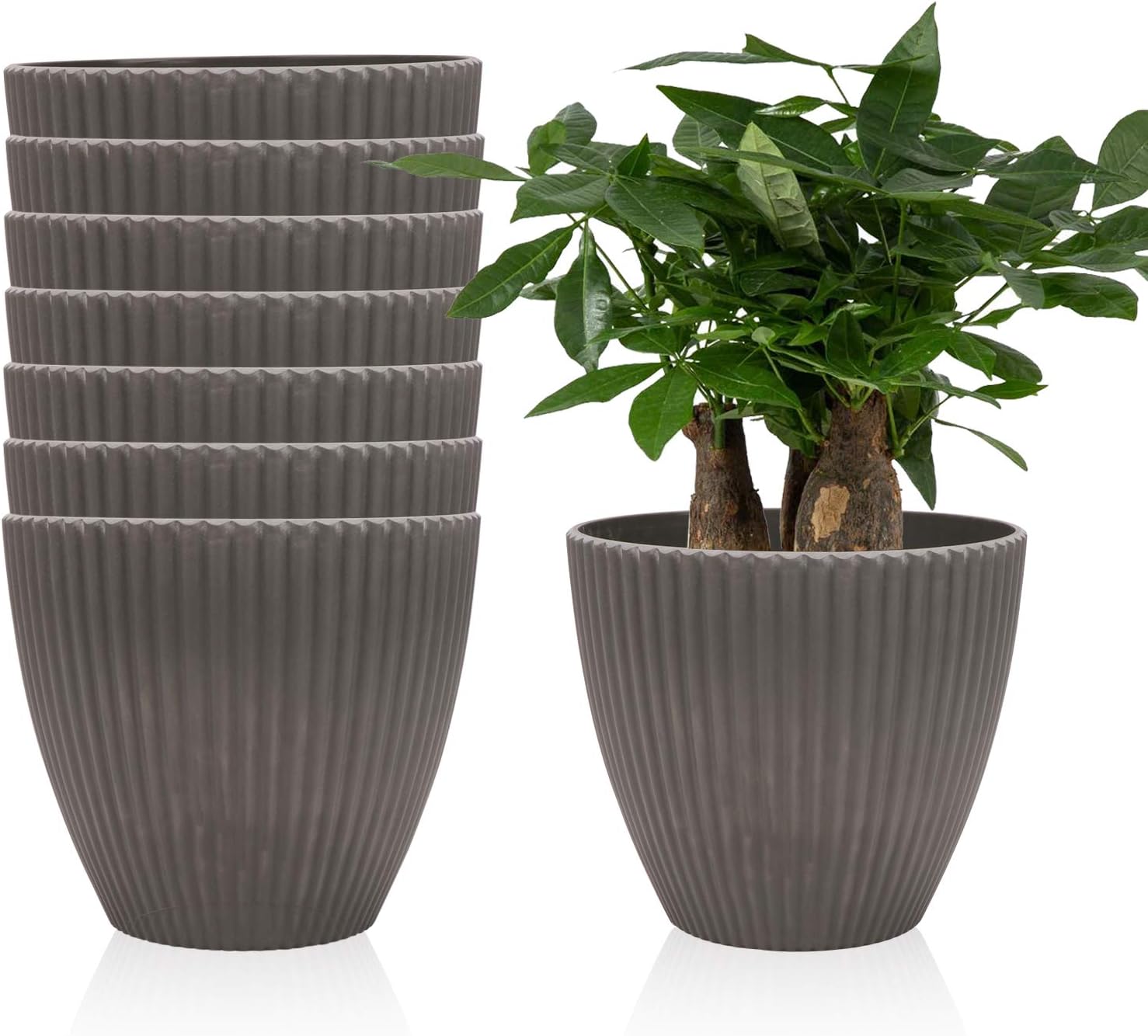 Ufrount Plastic Flower Pots,Ribbed Gardening Planter for Small Indoor Outdoor Plants,Succulents,Bonsai,Perfect for Garden,Kitchen,Windowsill,Set of 8(Grey)