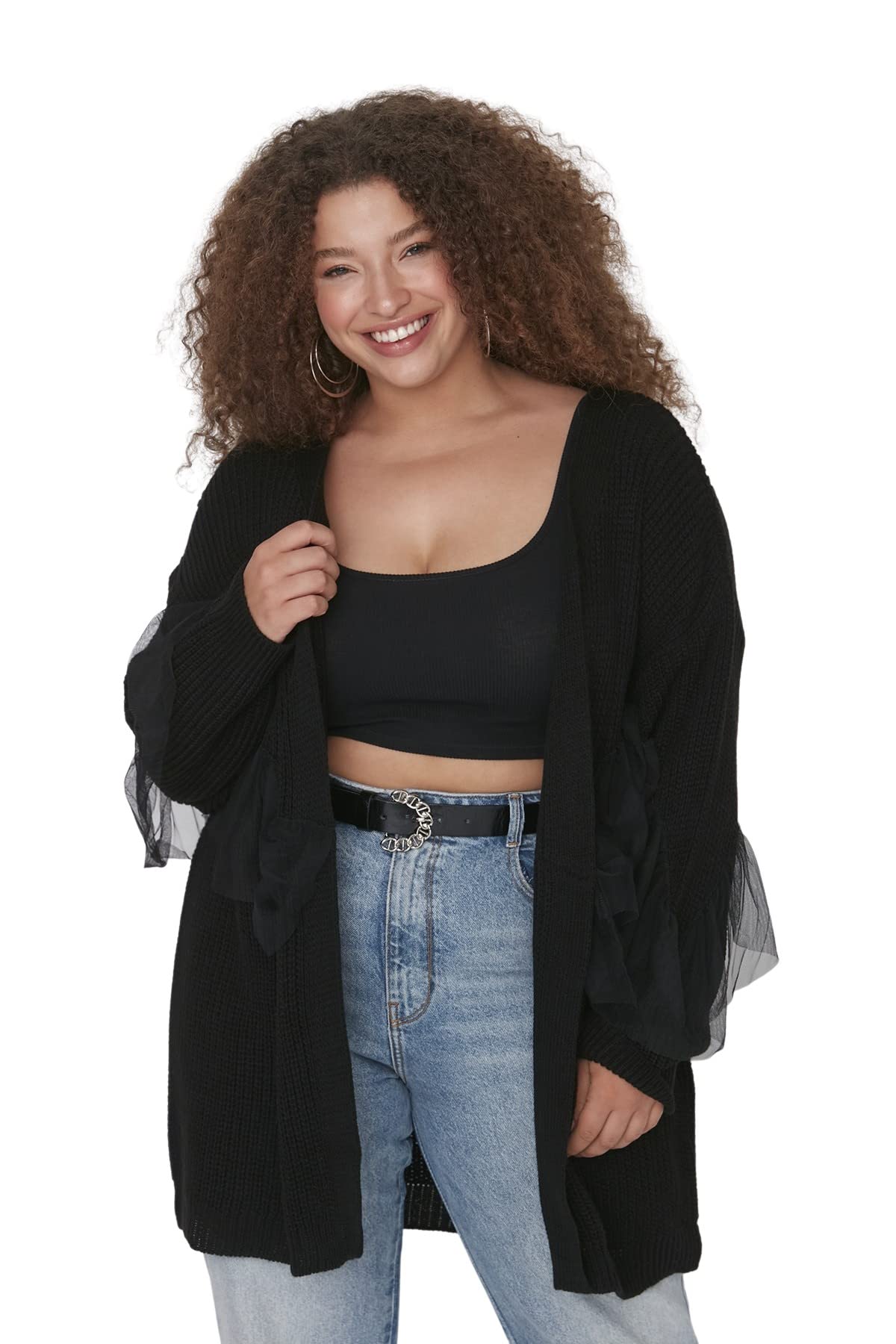 Trendyol Damen Strickjacke, Standardgröße, zweireihig, Strickware, Übergröße Pullover, Schwarz, 3XL Größen