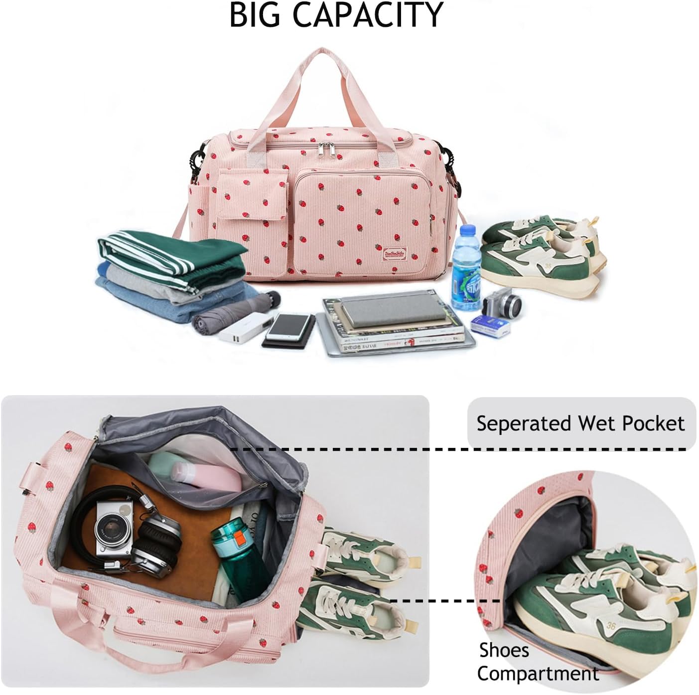 Gym Bag Sport Duffel Overnight Weekender Travel Bag with wet pocket and shoe pocket K04 Pink