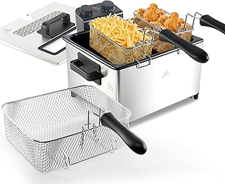 5L Deep Fryer with Basket, 1700W Electric Deep Fryer with Time & Temperature Control for Home Use, 3 Frying Baskets, Lid with View Window and Odor Free Filter, Stainless Steel, Dishwasher Safe