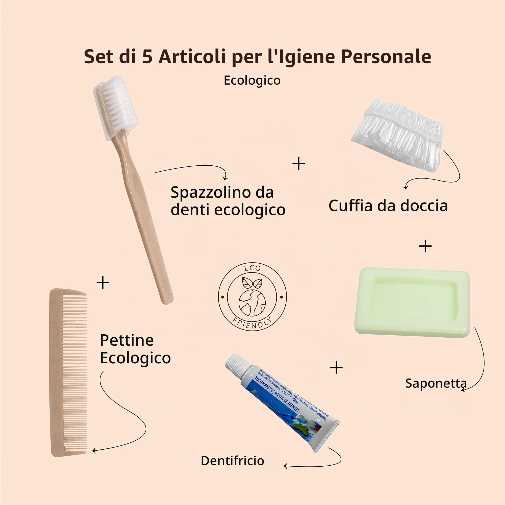 Set di 75 set di auguri per hotel, 5 pezzi, 100% ecologico, beauty case Bio Eco | set di igiene personale Bio Hotel | set di benvenuti in hotel