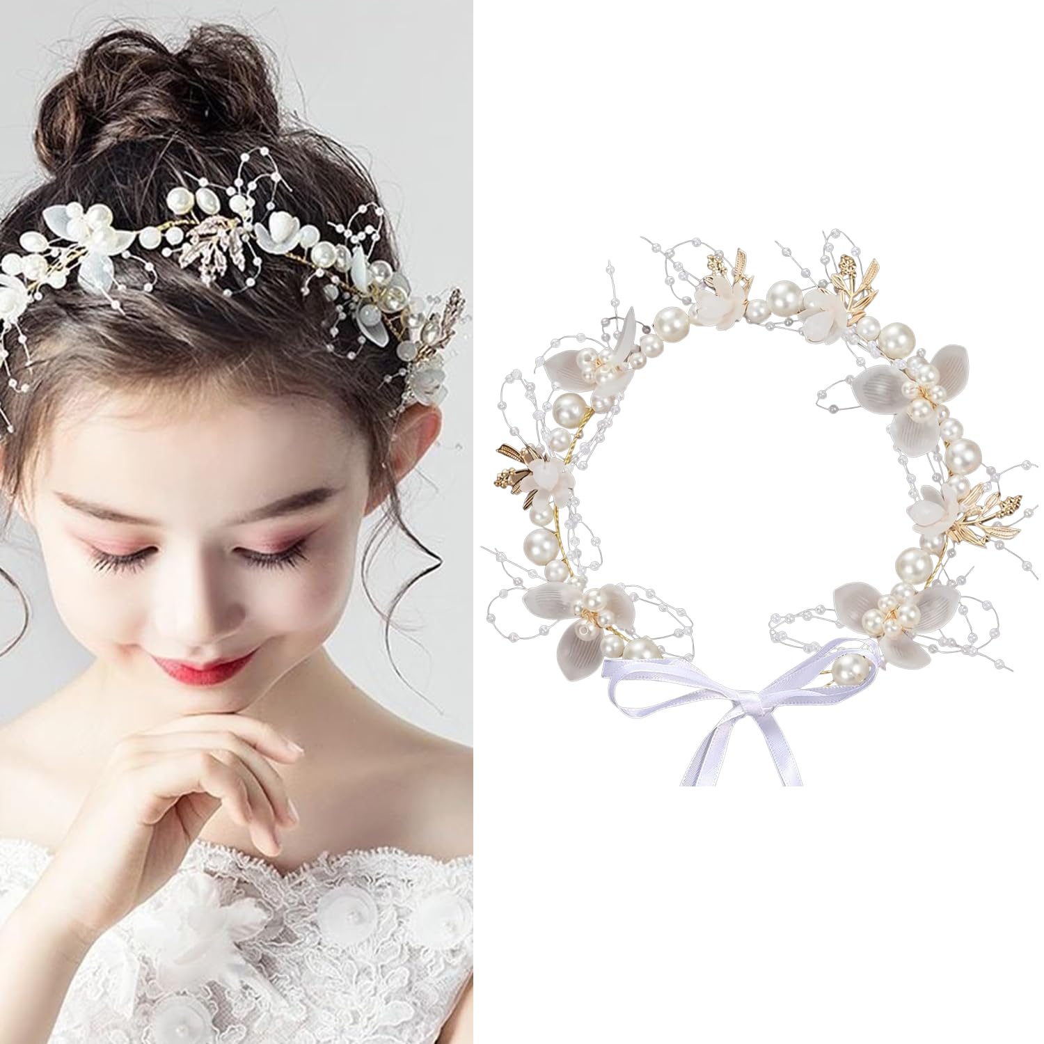 S.A.V.I White Floral Pearl Headband for Girls & Women | Adjustable Boho Bridal Hair Crown Tiara | Alloy Faux Pearl Acrylic Flower Leaf Design | Wedding Party Princess Hair Accessory-image-38