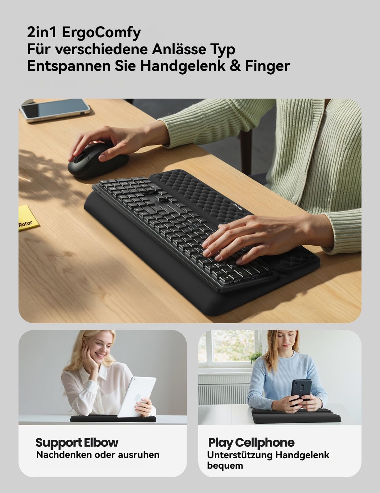 VAYDEER Handballenauflage mit Tastaturständer ｜430 * 237mm｜Ergonomische Tastaturablage mit weichem Memory-Schaum｜Tastaturhalter & Handgelenkauflage für Büro, Zuhause und Schule, Schwarz