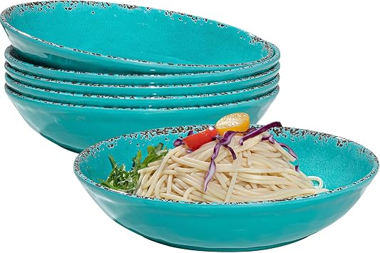 Farmhouse Melamine Pasta Bowls, Set of 6, 42oz Shallow Bowls, Melamine Pasta Plates, Salad Bowls, Dishwasher Safe Serving Bowls, Snack Bowls, Fruit Bowls, Teal..