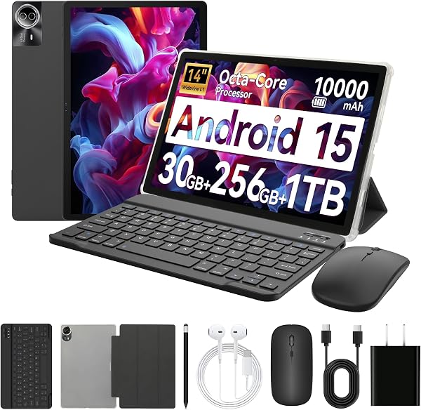 Ainmel 14 inch Tablet Android 15, 30GB+256GB(TF 1TB) Tablet with Pen and Keyboard, Octa-Core,10000mAh, Widevine L1, WiFi 6,1920x1200 IPS FHD, Dual Camera Tablets PC with Mouse Case Earphone (Black) - 1