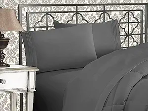 Elegant Comfort Luxurious 1500 Premium Hotel Quality Microfiber Three Line Embroidered Softest 5-Piece Bed Sheet Set, Wrinkle and Fade Resistant, Split King, Gray