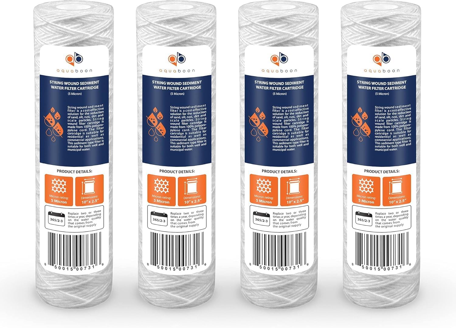 Aquaboon Whole House 5 Micron 10 x 2.5 String Wound Sediment Water Filter Cartridge Replacement Compatible with Well Water Filter WHKF-WHSW, 6-Pack