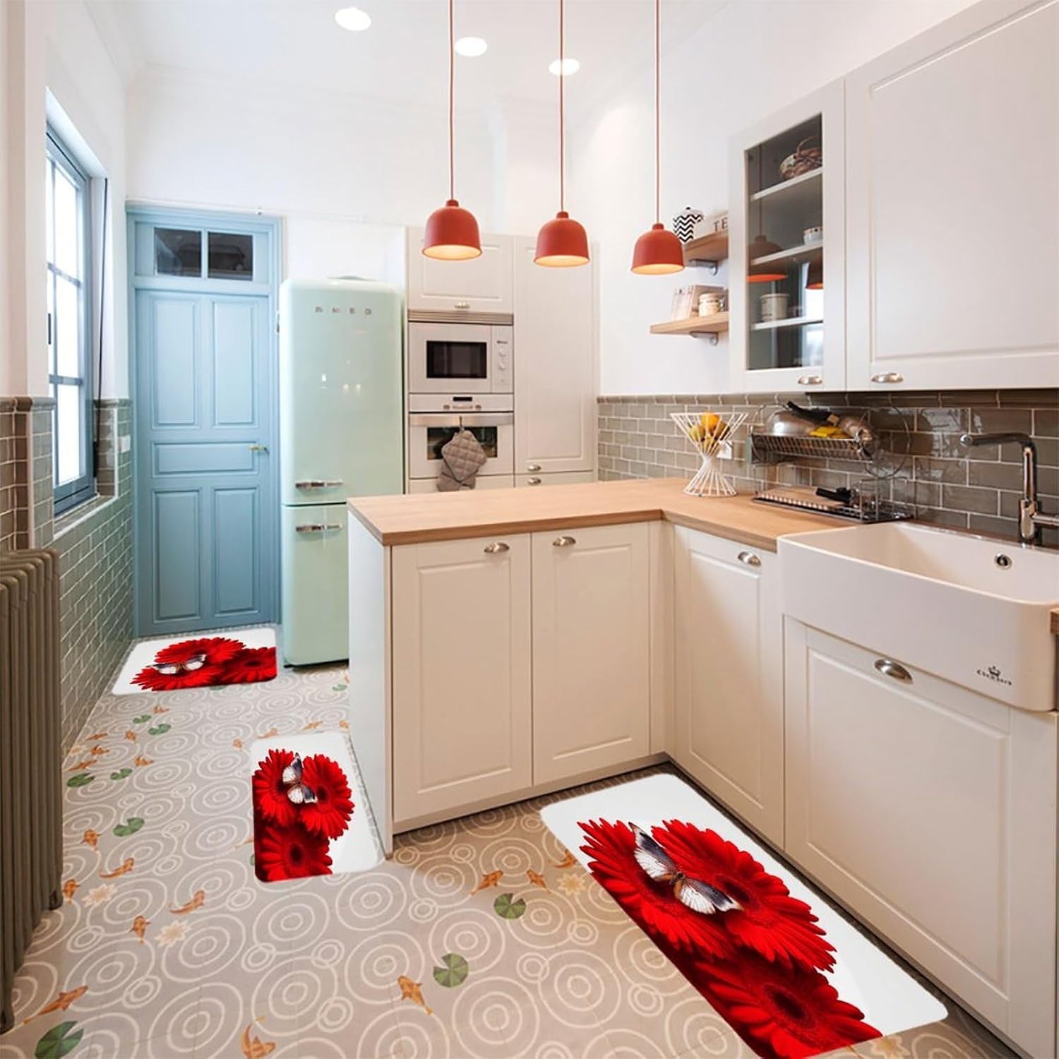 Red Flower and Butterfly Kitchen Rugs Sets of 3 Washable Non Slip Kitchen Rug Water Resistant Carpet Piece Anti Fatigue Kitchen Mats Soft Comfort Standing Mat Modern Area Rug
