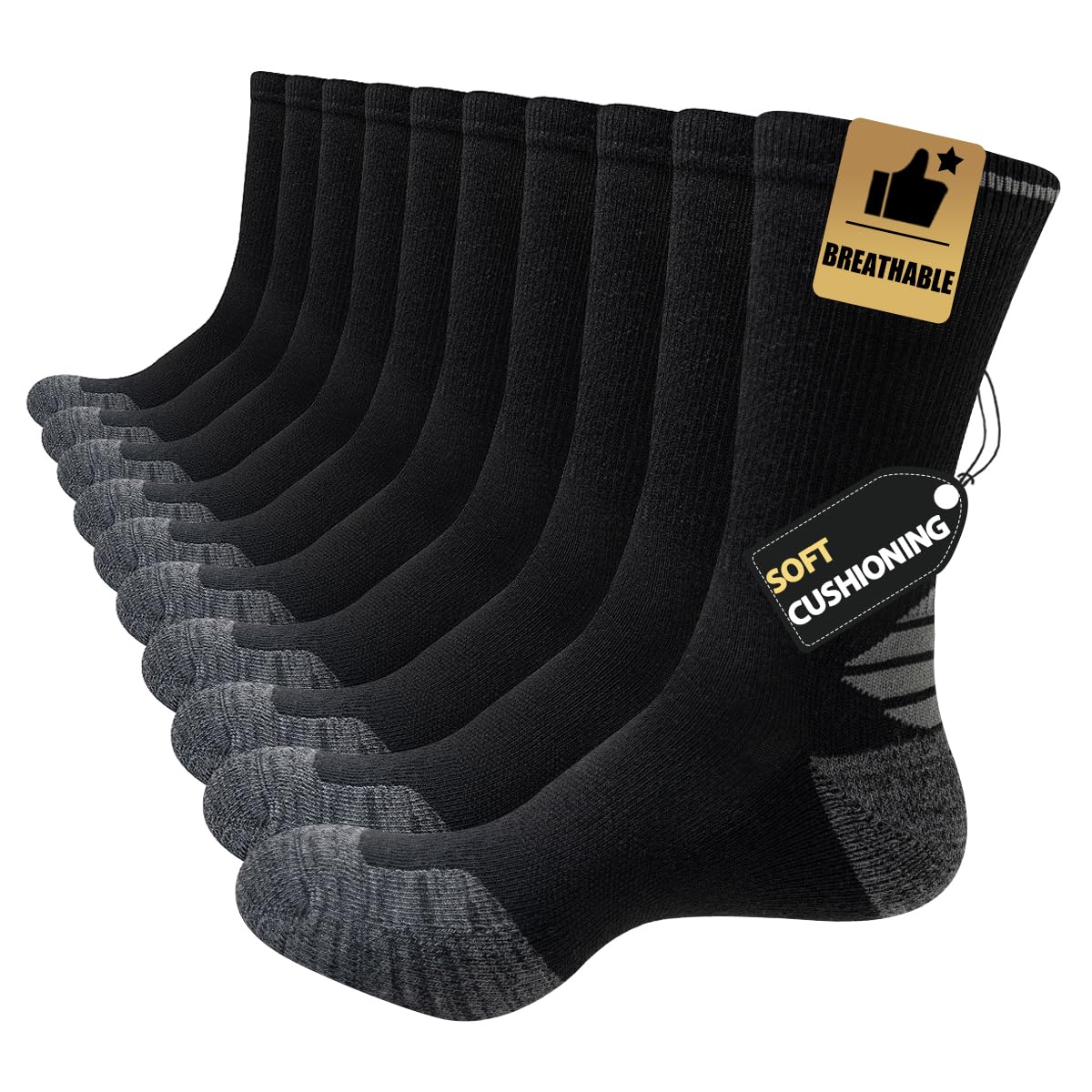 JOYNÉE 5/10 Pairs Mens Lightweight Long Cushion Work Socks Casual Breathable Crew Athletic Socks for Workout Sports