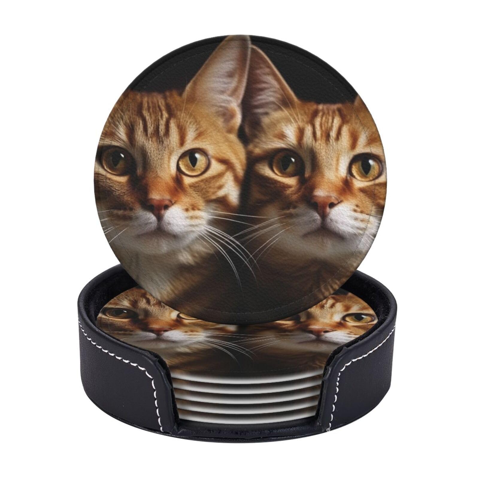 Round Coasters for Drinks Set of 6 - PU Leather Coasters with Holder - Modern Drink Coasters for Coffee Table - Cats Coaster for Tabletop Protection 4" Cup Mat Pad
