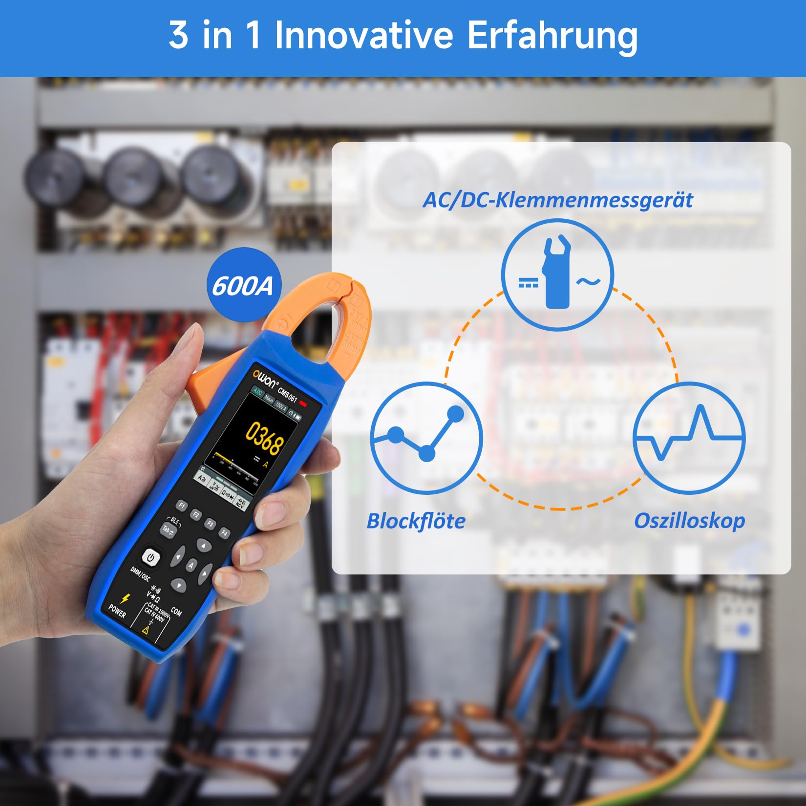 OWON CMS061 AC/DC Stromzange 600A, Schreiberfunktion, Oszilloskopfunktion 3 in 1, 20000 Count True RMS Auto-ranging, Alarmfunktion, NCV Funktion, Bluetooth Stromzange für Elektrofahrzeuge