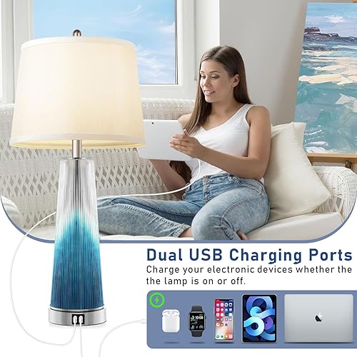 Miniatura 2 de Juego de 2 lámparas de mesa de 28 pulgadas, modernas lámparas de noche de cristal verde azulado con puertos de carga USB duales, pantalla de seda,