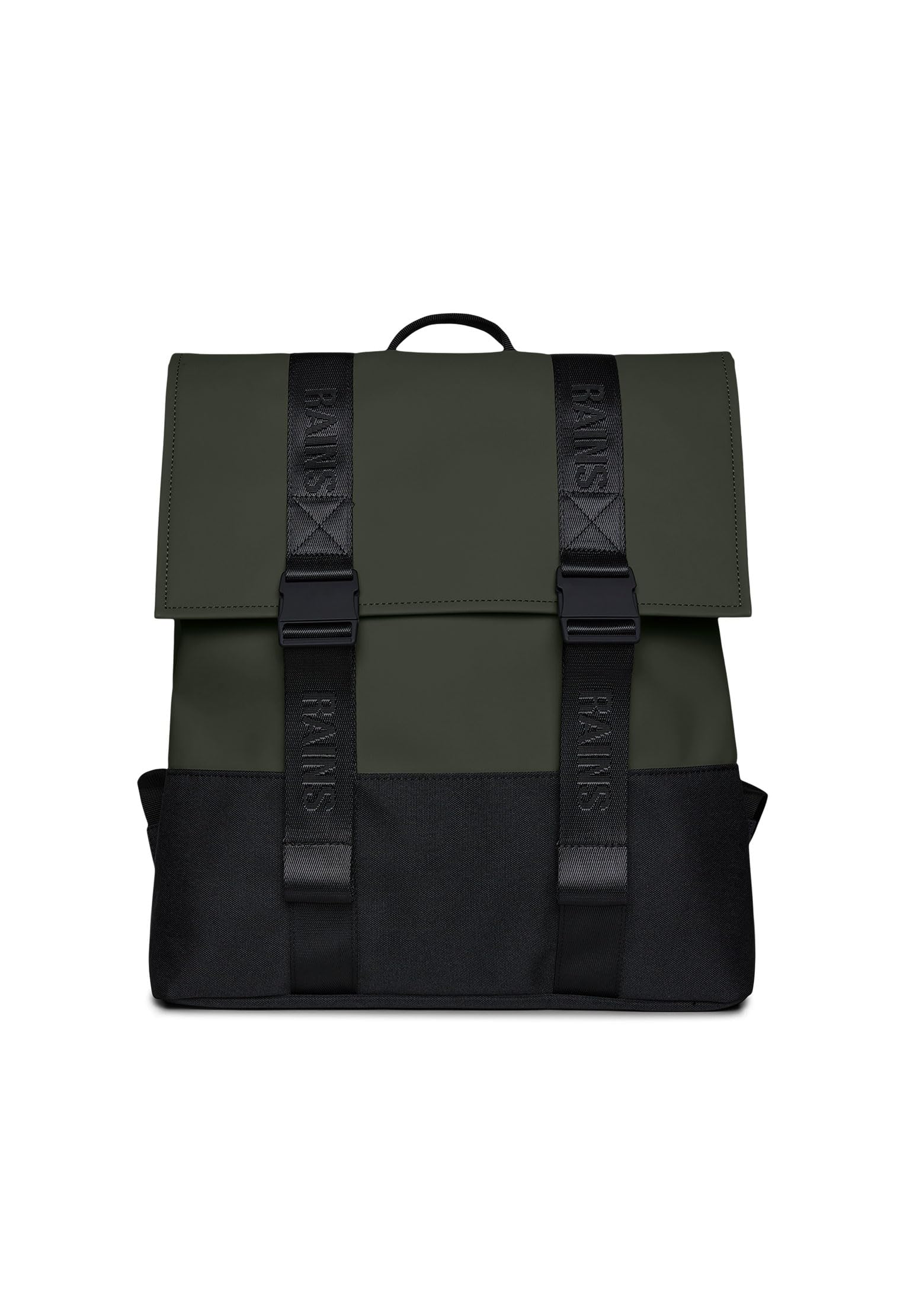 RAINS Unisex Backpack in 100% Polyester Fabric Coated in Polyurethane, Model Trail MSN Bag W3, Dimensions: 39 x 36 x 15 cm, Capacity 21 Liters, Padded Inner Pocket for 16" Laptop, Protection., green