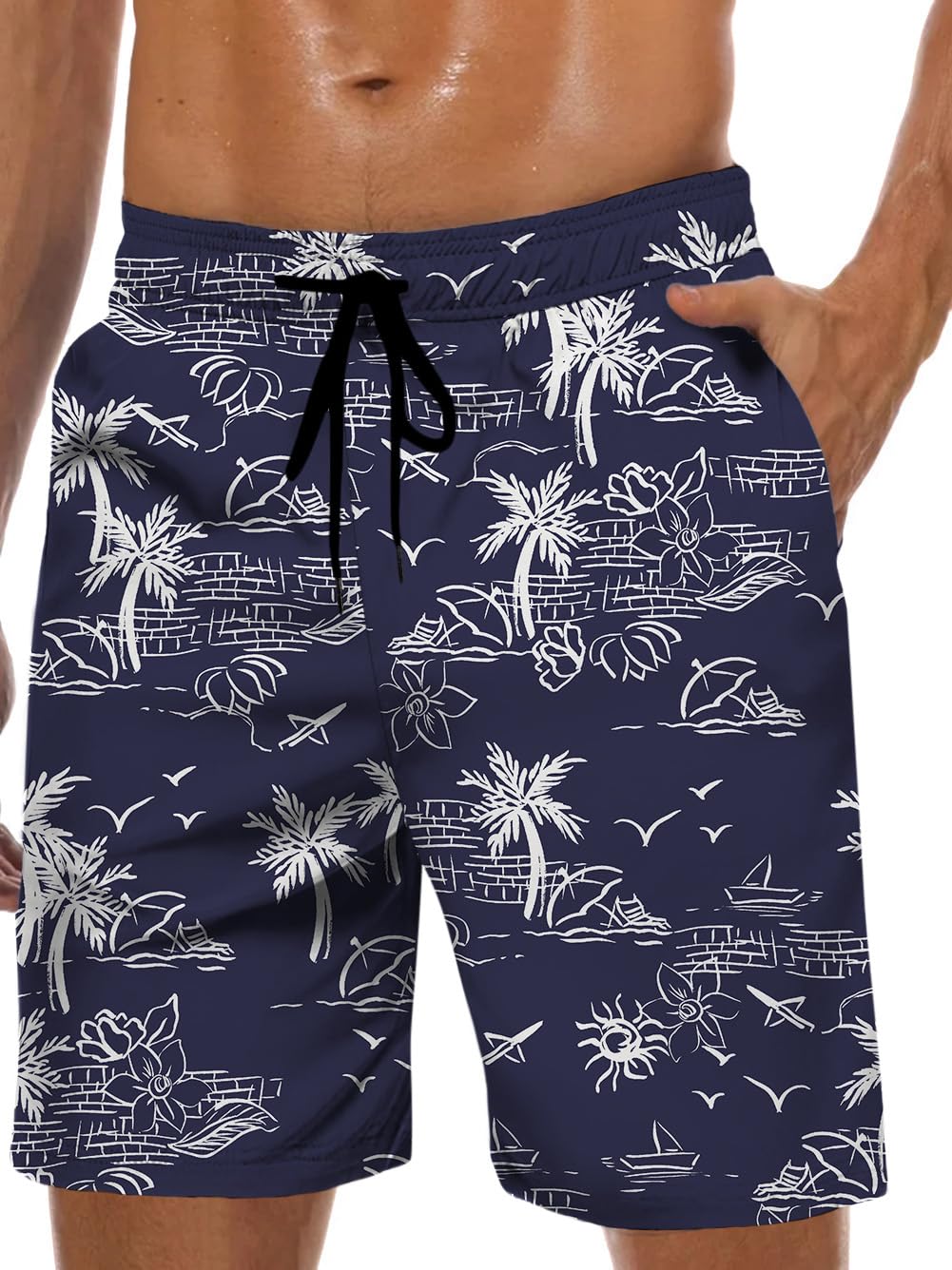 Men's Swim Trunks Hawaiian Bathing Mesh Lining Suit Swimsuits Beach Shorts with Pockets, Navy-tree, XXL