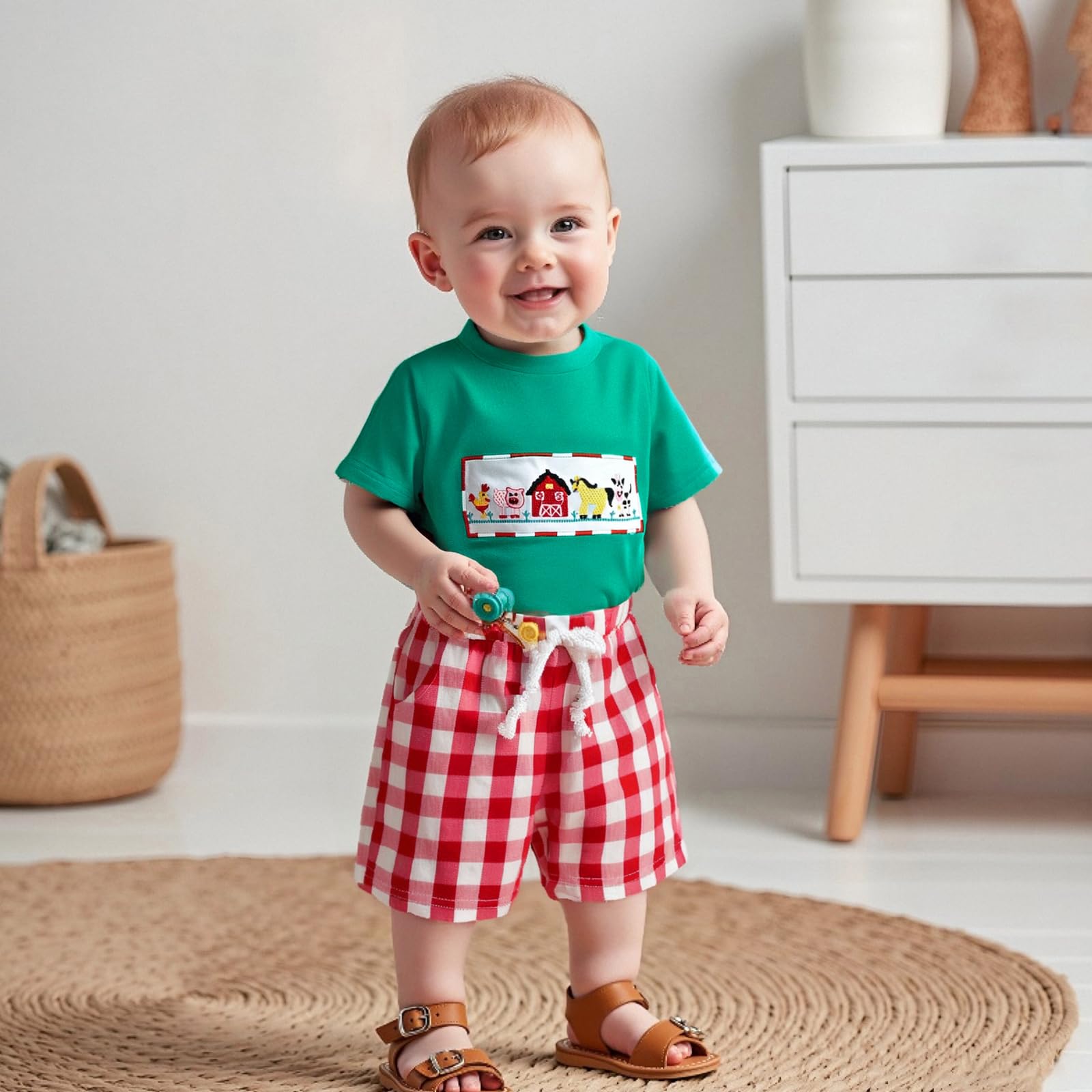 KtwHarnu Baby Boy Farm Animal Clothes Embroidery Short Sleeve T-Shirt Tops and Plaid Shorts Set 2Pcs Toddler Summer Outfit (Green, 3-4T)