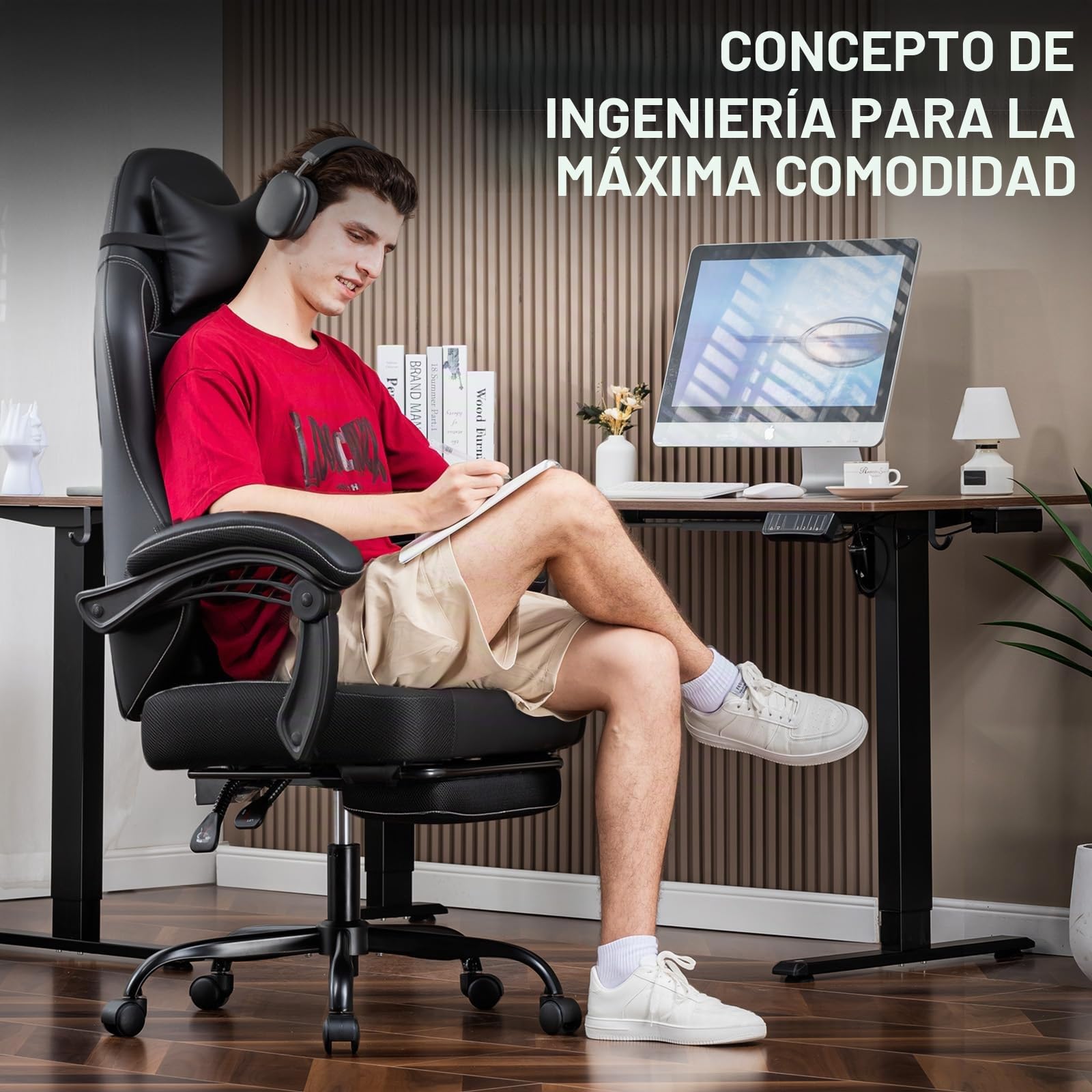 GTPLAYER Silla para Videojuegos, sillón ergonómico con reposapiés, Silla de Oficina Regulable en Altura con reposacabezas y cojín Lumbar, Silla giratoria de Piel sintética, Color Negro