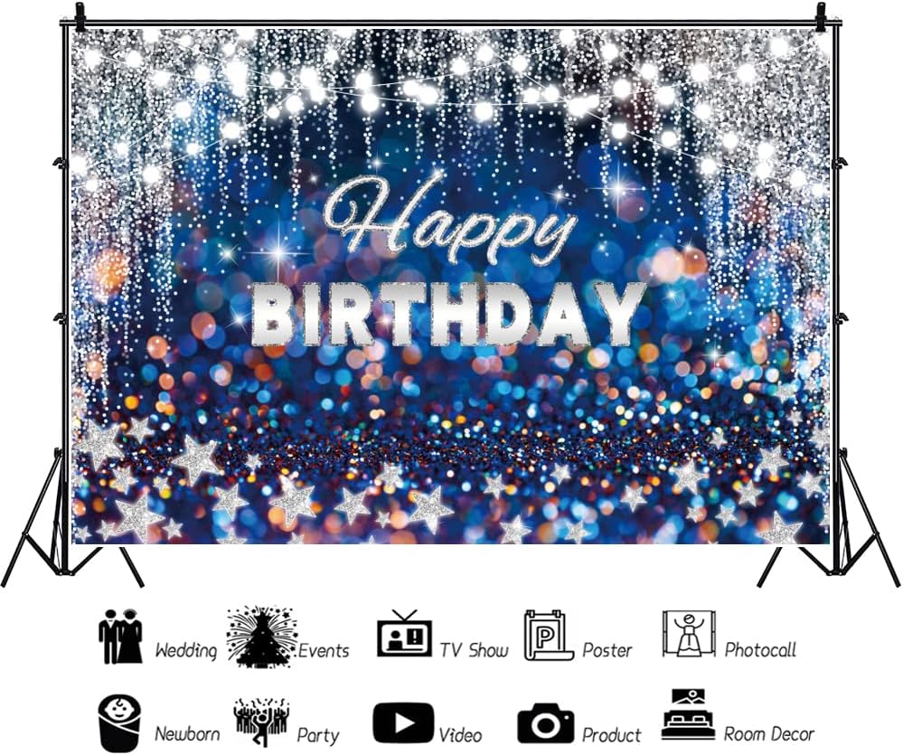 Renaiss 7x5ft Happy Birthday Backdrop Banner for Photoshoot Silver and Blue Birthday Photography Background Glittering Stars Royal Blue Bokeh Men Women Kids Birthday Party Decor Photo Booth Props