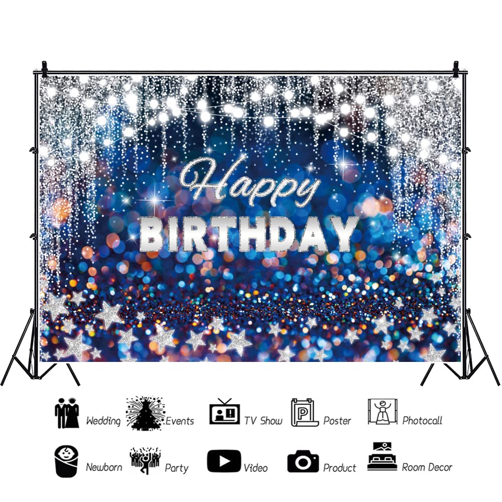 1,5 x 9 m niebieskie błyszczące tło Happy Birthday brokat srebrna gwiazda z frędzlami błyszczące tło fotografia sznur światło tło fotografia tło baby shower baner urodzinowy