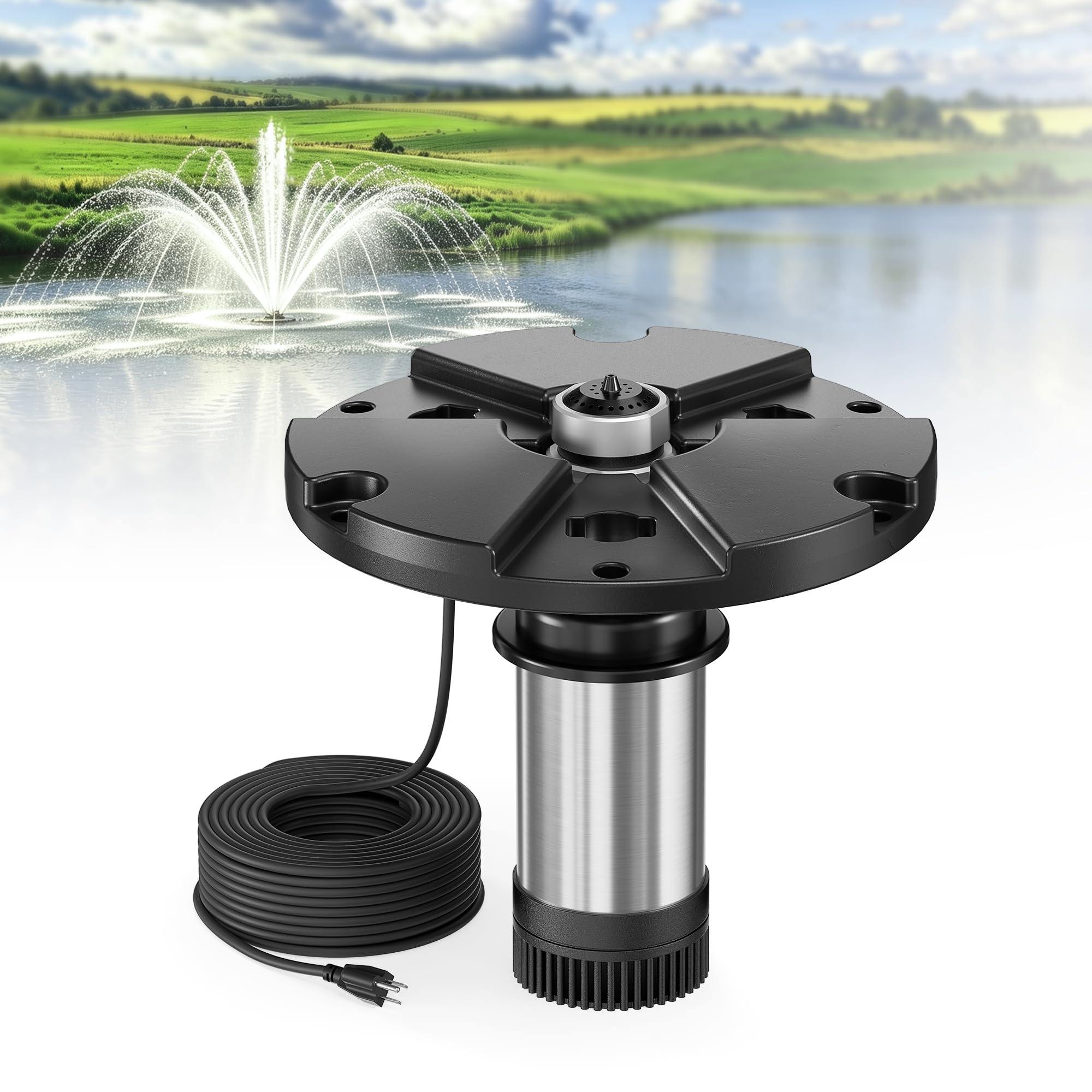 Ecospray 450W Floating Pond Fountain, for Small Lakes and Large Ponds, 4 Spray Nozzles Included, 100 ft Cord