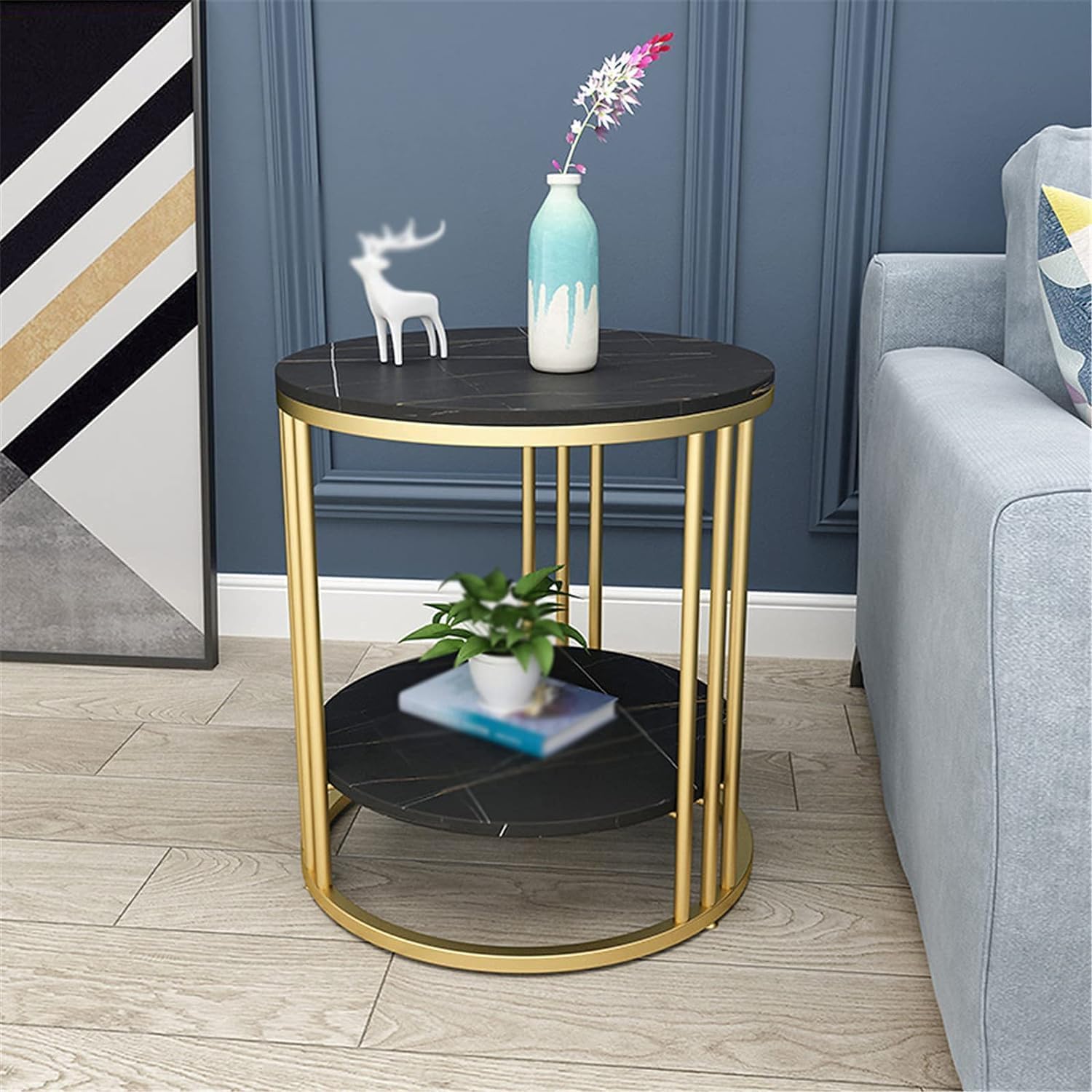 Marble Design Bedside Table with Metal Legs Modern 2 Tier Round Sofa Coffee Table for Bedroom Living Room Furniture Nightstand for Living Room, Bedroom, Balcony-image-49