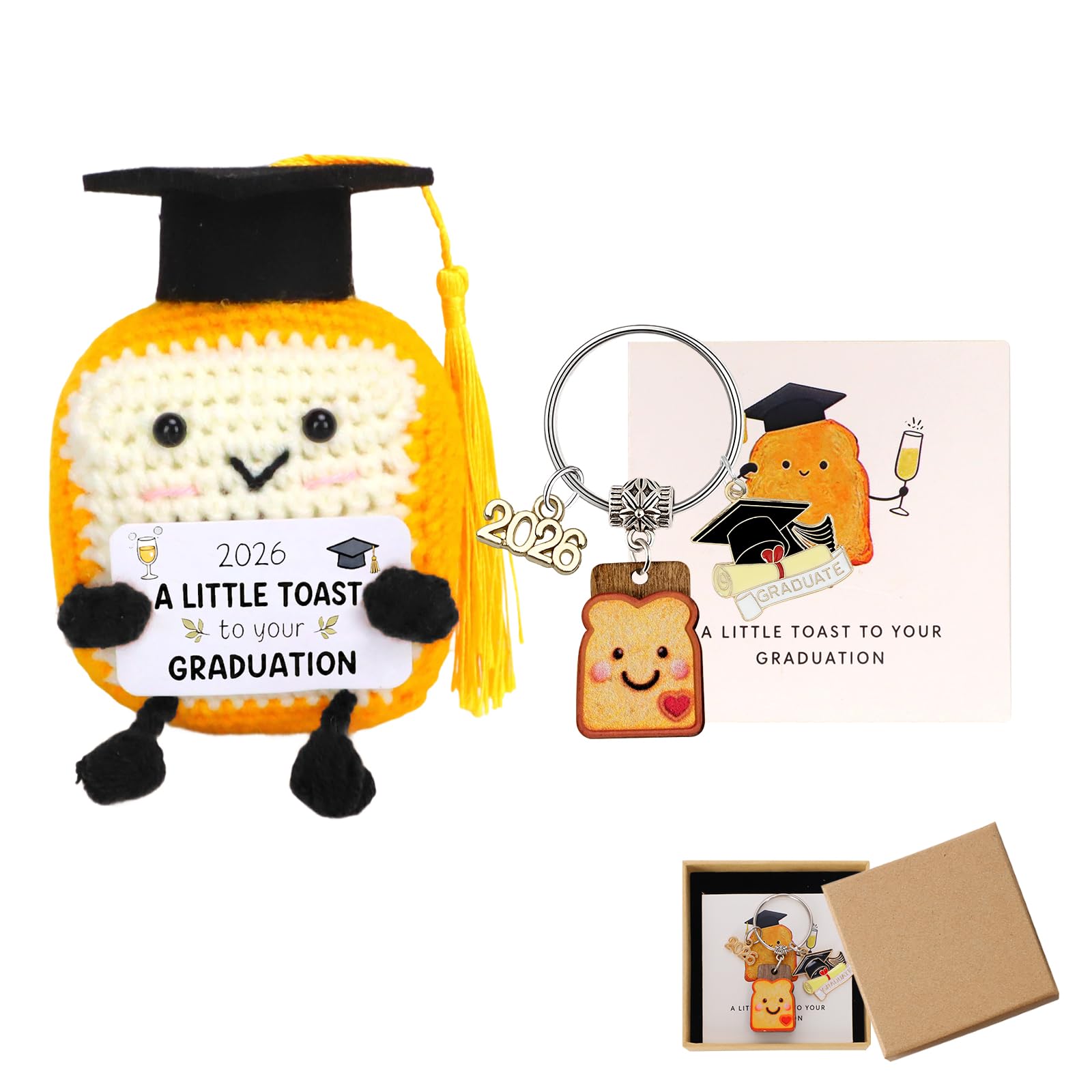 GOZINA 2026 Graduation Gifts, Mini Cute Knitted Toast Doll with Keychain & Positivity Card, Gift Set for Nursery, High School, University & Masters Graduation