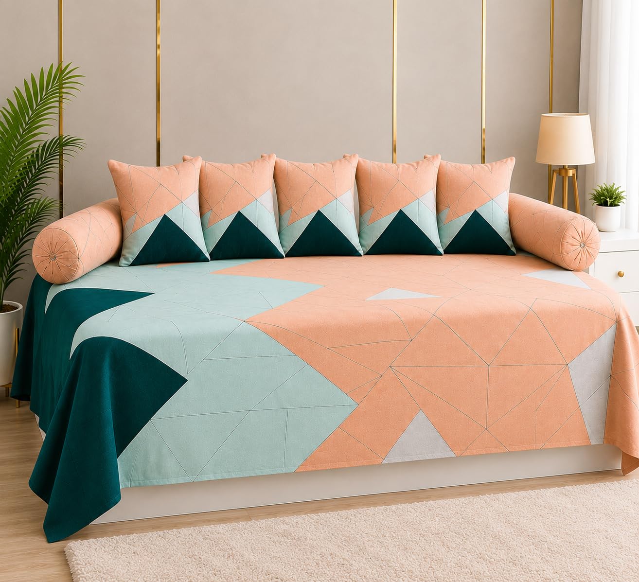 Premium Cotton Diwan Set 8 Pieces,1 Single bedsheet Size 60x90inch, 5 Cushions 16 x 16 inch Covers with Zip and 2 Bolster Covers (Design-9, 60'' x90'' inches) (Multi)