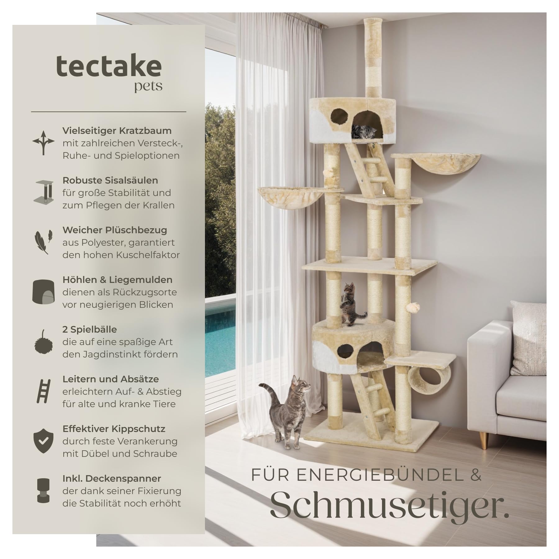 tectake Katzen Kratzbaum, Katzenbaum XXL, Kratzbaum deckenhoch, höhenverstellbar von 243-260cm, Kletterbaum mit Treppe, Höhle, Röhre, Liegemulde und Sisalsäule - beige/weiß