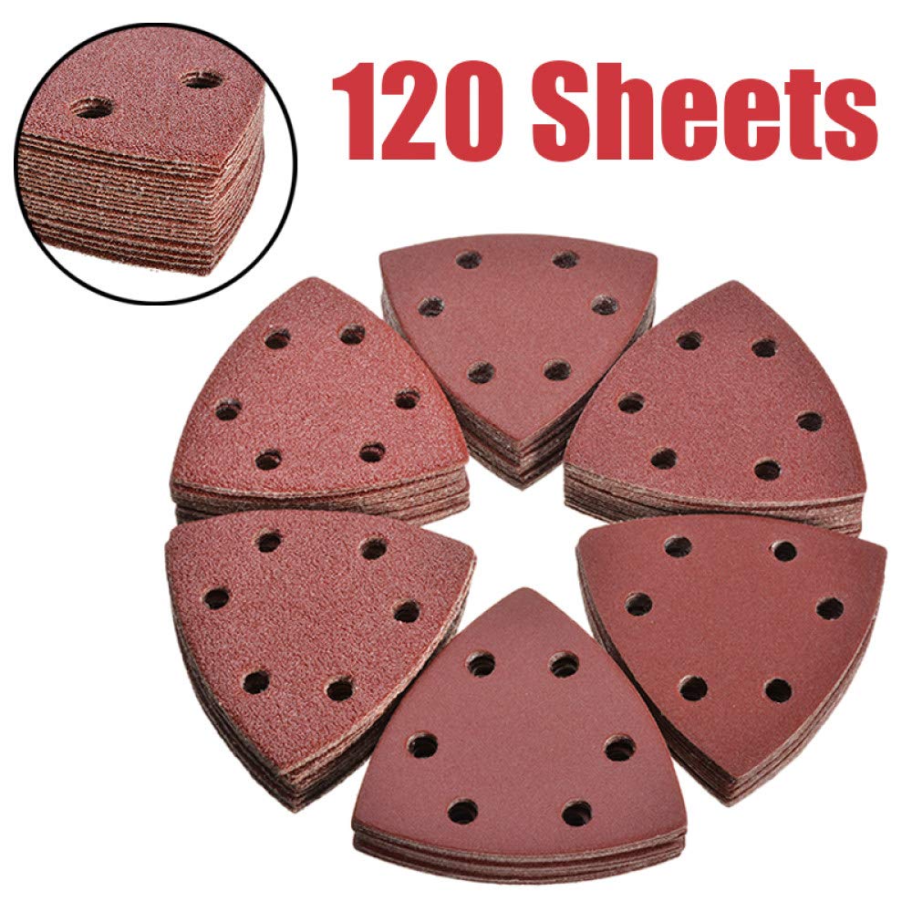 120 Uds Disco de lijado 40-240 Grano 6 agujeros 93 mm Triángulo Delta Papel de lijar Gancho Bucle Disco de papel de lija Herramientas abrasivas, H