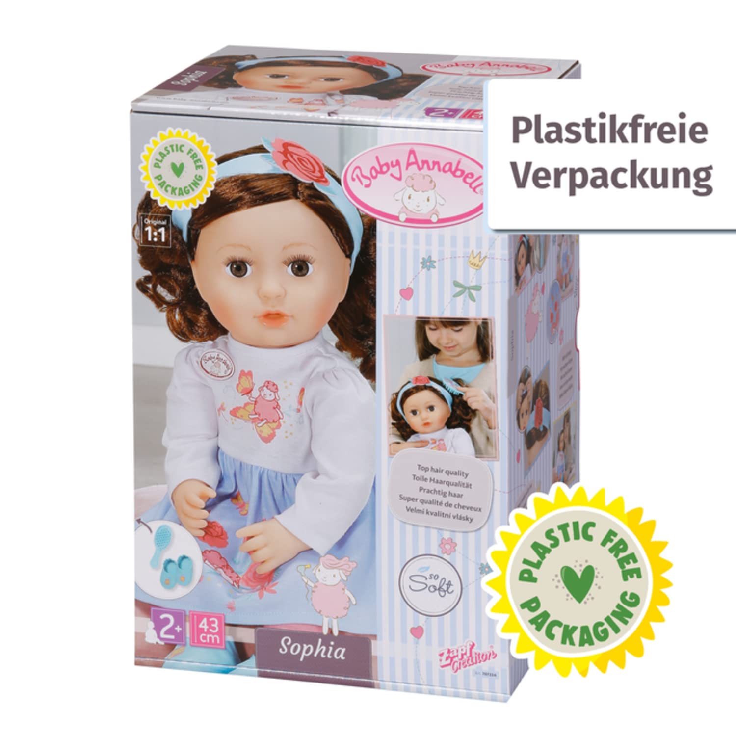 Baby Annabell Sophia brünett 43cm, weiche Puppe mit Langen braunen Haaren, inkl. Puppenkleidung, Haarband und Bürste, 707234 Zapf Creation