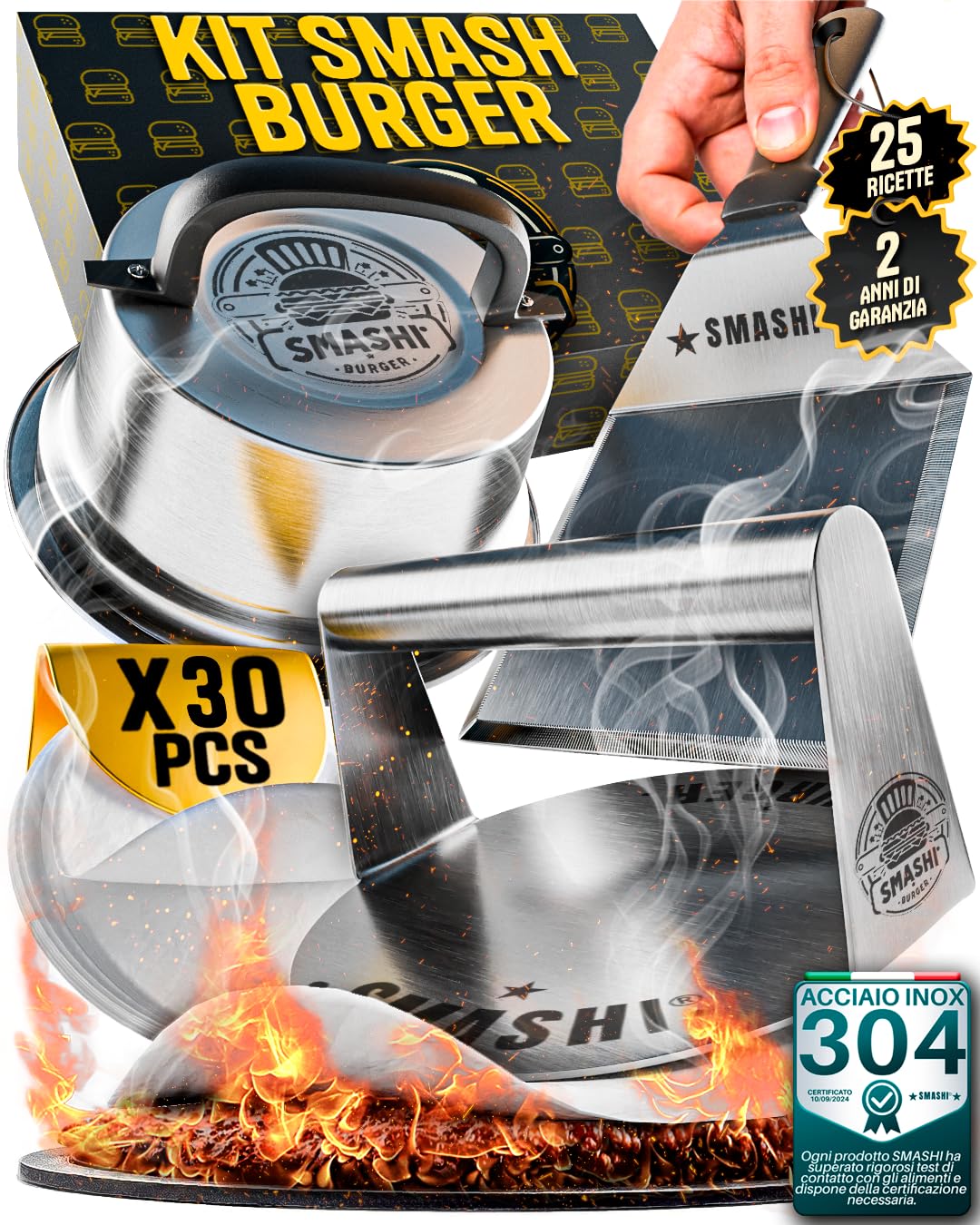 SMASHI® Kit Smash Burger – Smash Burger Press in Acciaio Inox 304 con Spatola, Cupola, 30 Fogli Antiaderenti – Kit BBQ Professionale per Smash Burger Fatti in Casa