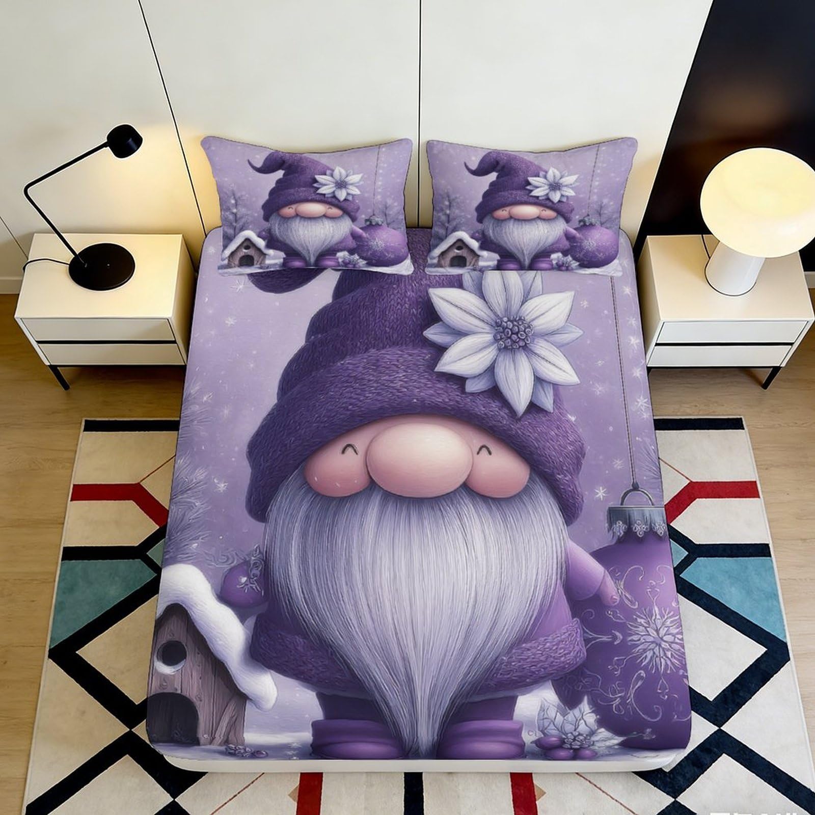 3D Printed Purple Gnome Fitted Sheet Microfiber Soft Decor Nordic Elf Bed Sheet Anti-Slip Easy Wash for Bedroom Dorm 90x200x25cm