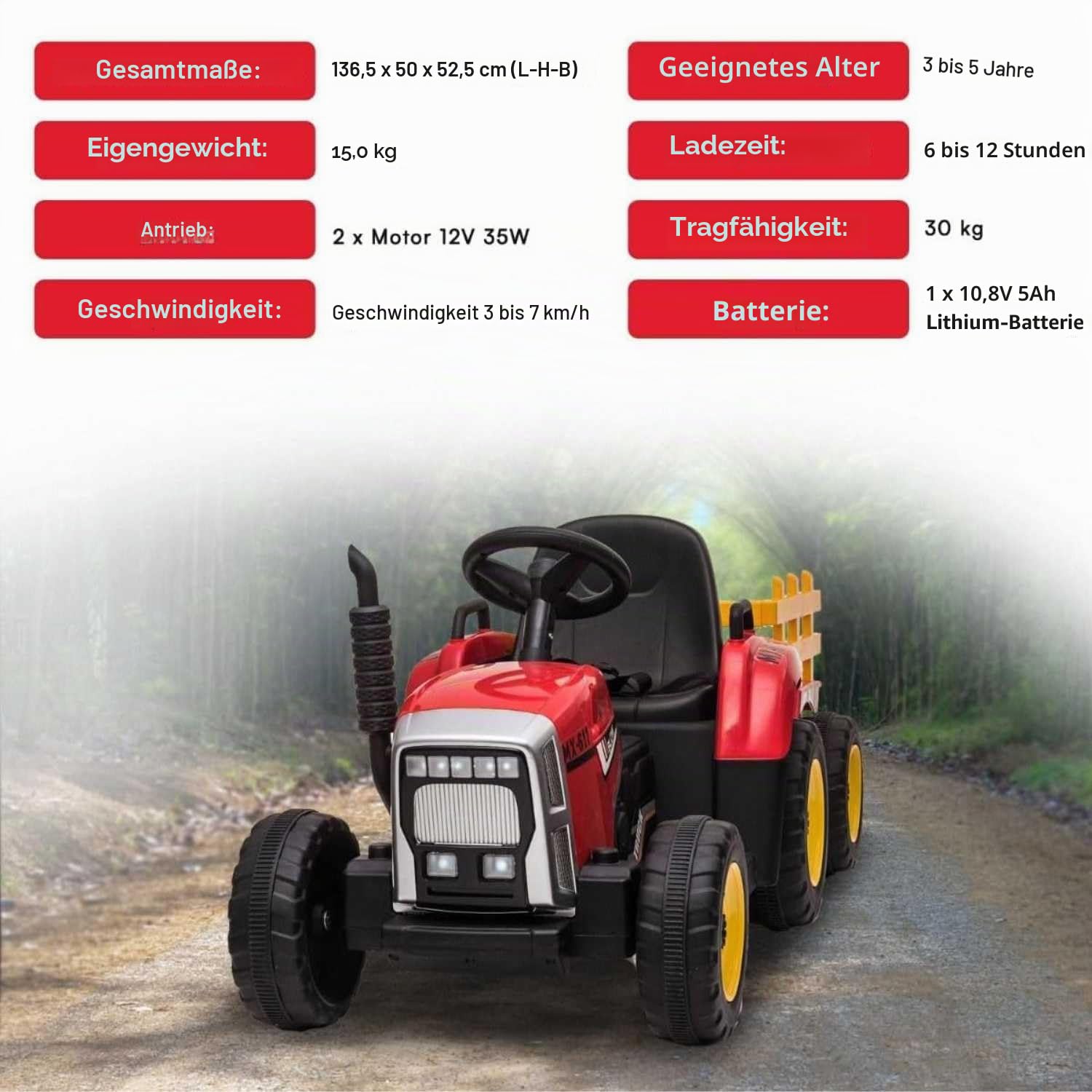 Elektrischer Traktor Workers mit Anhänger, Rot, Hinterradantrieb, Lithium-Akku, Rädern, breitem Sitz, 2,4-GHz-Fernbedienung, MP3-Player mit Bluetooth und SD-Eingang, LED-Leuchten