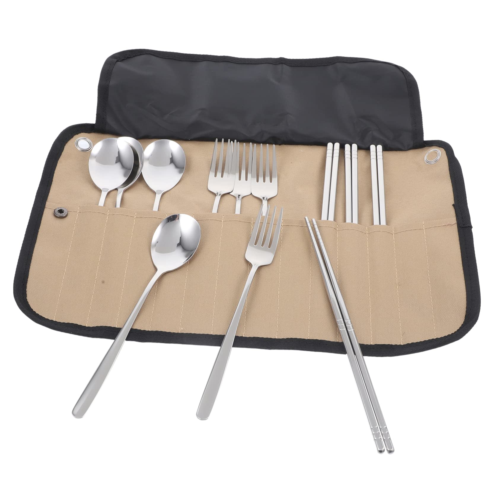 Set Utensili da Campeggio in Acciaio Inossidabile e Nylon Borsa, Posate per Picnic, Accessori Portatili per Escursioni e Campeggio
