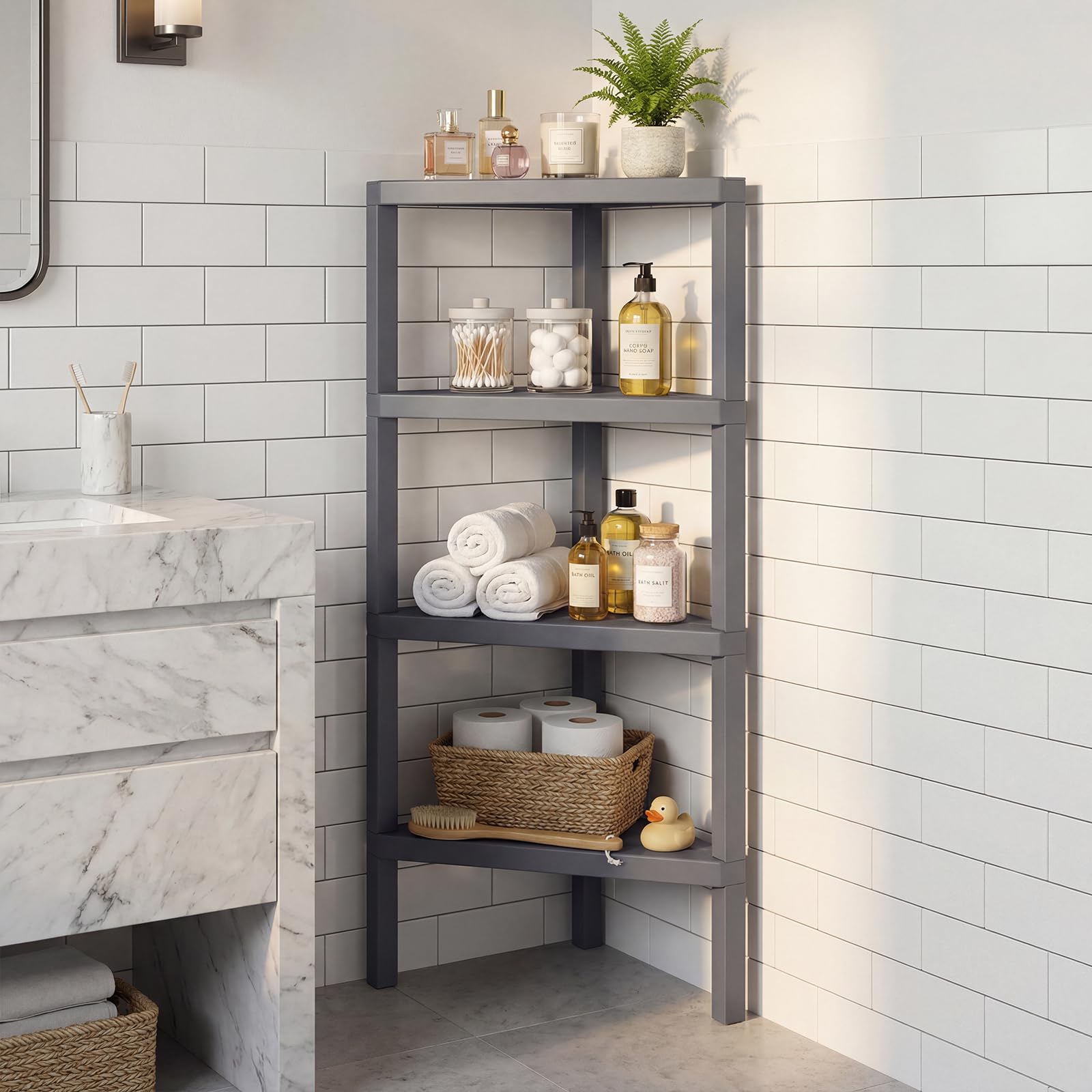 COSTWAY Étagère d'angle, Bibliothèque d'angle à 4 Niveaux avec Étagères Ouvertes à Lattes, Meuble de Rangement Moderne pour Bureau, Salon, Cuisine, Salle de Bain (Gris)