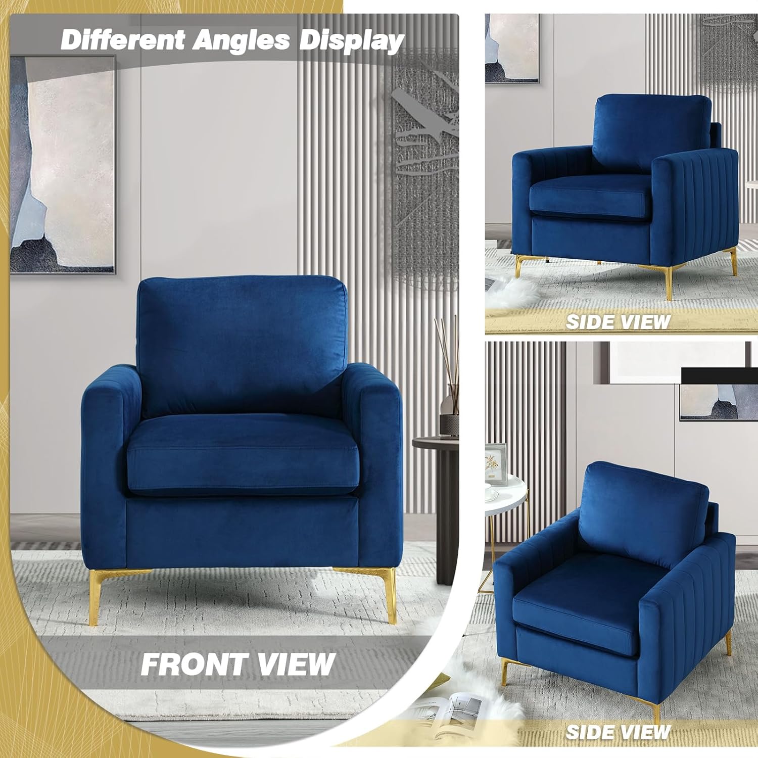 Modern Velvet Accent Chair, Comfy Living Room Armchair with Thick Cushion, Upholstered Reading Armchair, Mid Century Sofa Chair with Gold Legs, Side Chair for Living Room, Bedroom, Office, Club, Blue