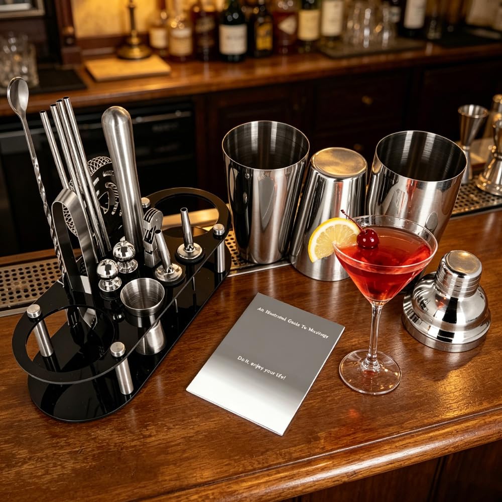 Juego de 17 coctelera de 750 ml y 750/600 ml, herramientas de bar con libro de recetas y soporte negro