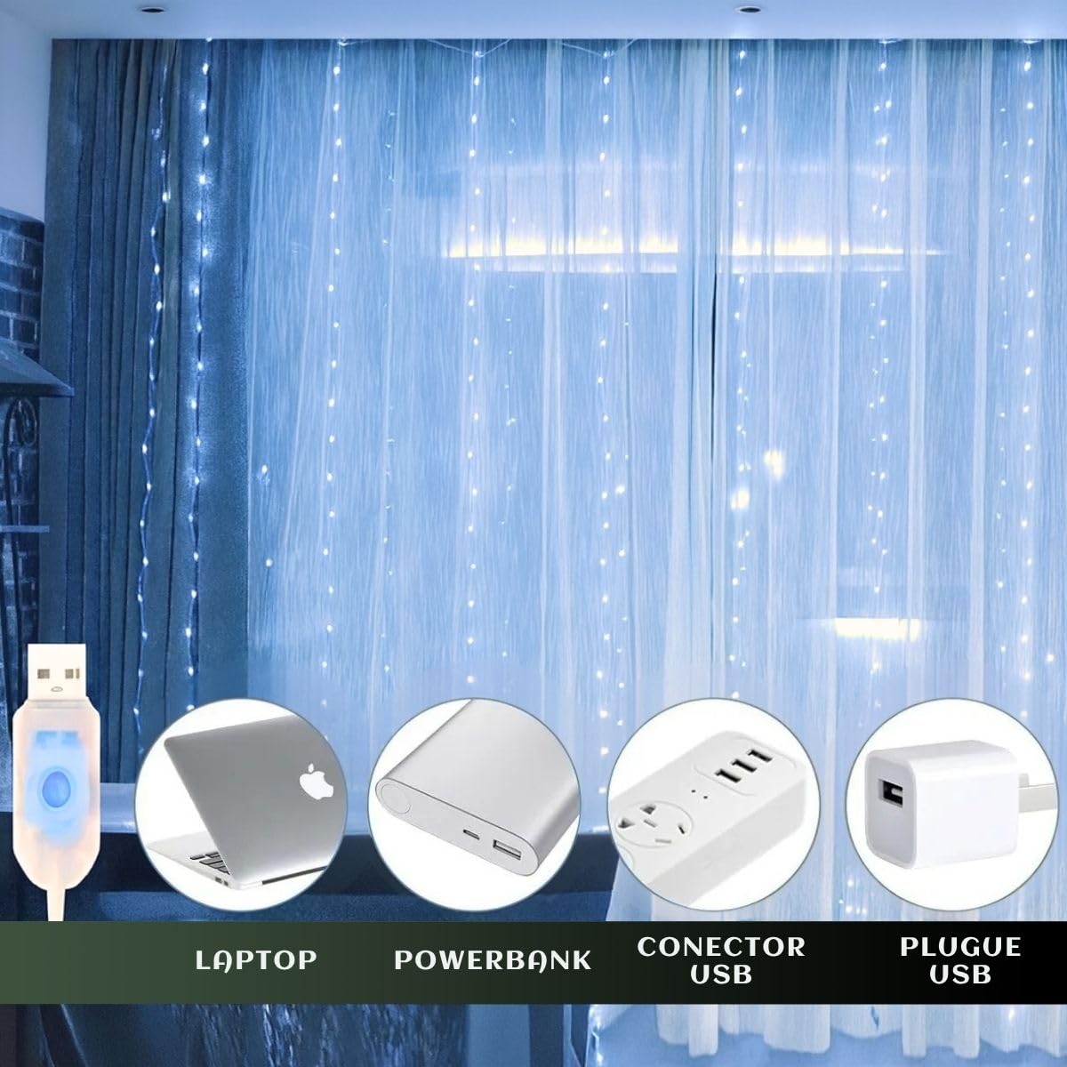 Cortina 300 Led 3x3m USB Colorido Branco Frio 8 Modos USB Temporizador LuvinCo Imagem 3