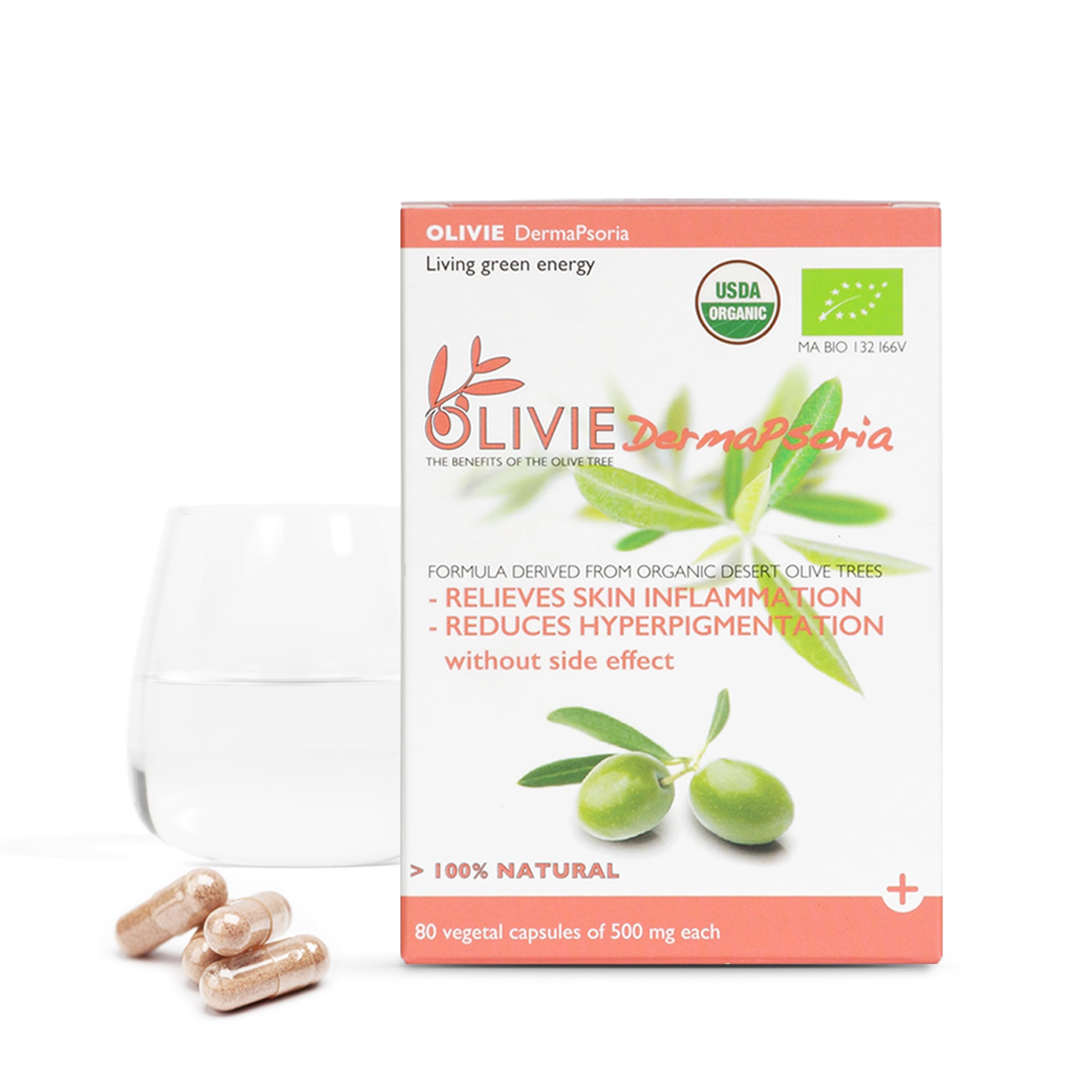 Organic Olive Leaf Extract Supplement for Women and Men by OLIVIE | DermaPsoria Supplement for Psoriasis, Eczema, Hyperpigmentation | Olive Oil Capsules | Antioxidant Polyphenols | 80 Vegetal Capsules