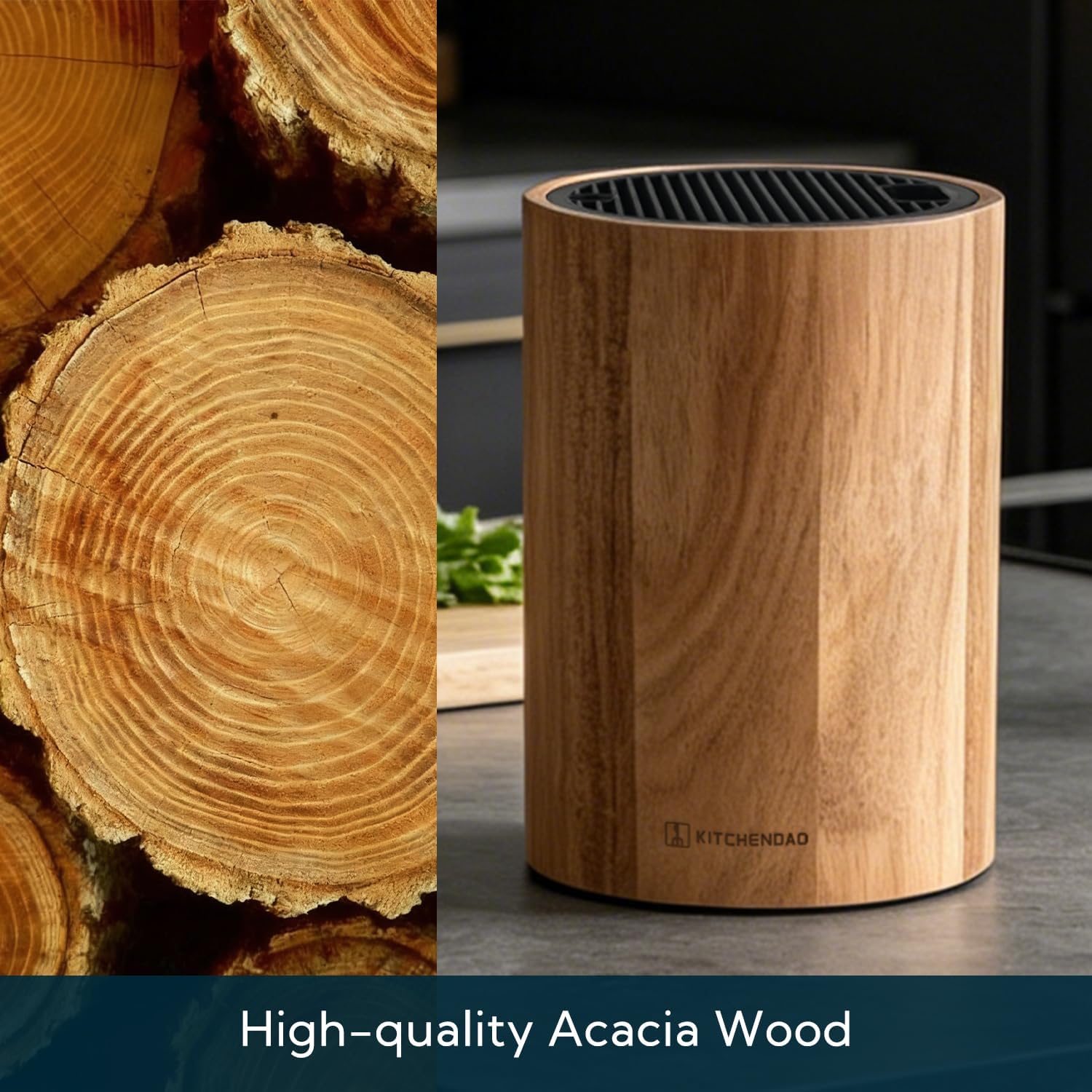 KITCHENDAO Universal Knife Block Without Knives, Acacia Wood Knife Holder, Space-Saving Round Knife Storage Organizer for Countertop, with Slots for Scissors and Sharpening Rod