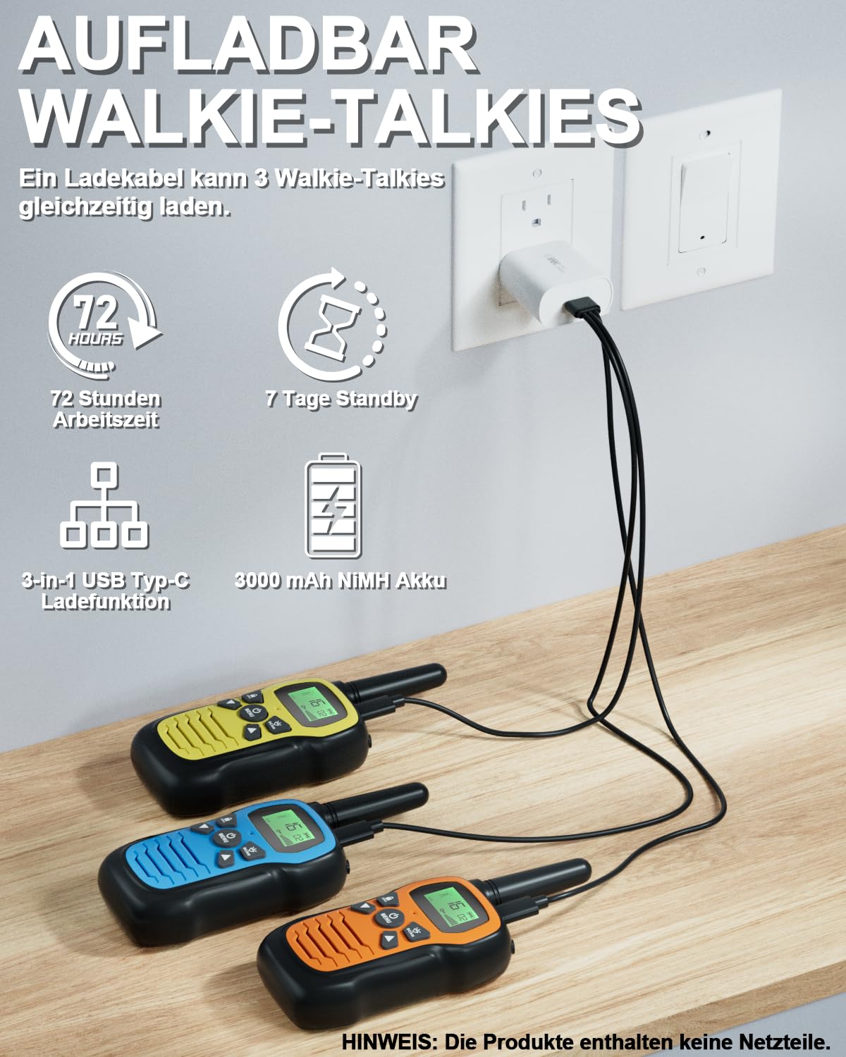 Walkie Talkie, Walkie Talkie Aufladbar für Kinder mit 16 Kanäle, 3er Set Funkgerät mit VOX Funktion, LED Taschenlampe, 3 Meilen Lange Distanz für Wandern Camping Abenteuer