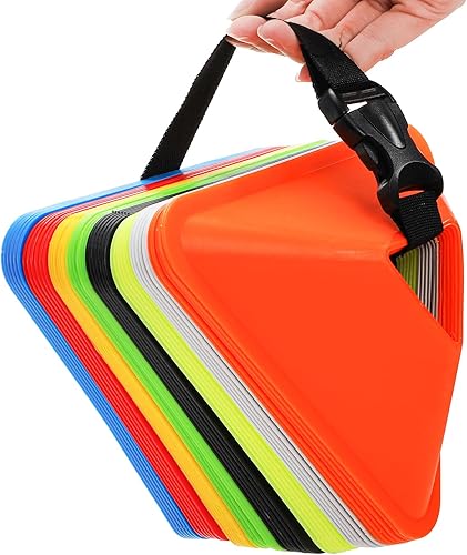 Miniatura 4 de Paquete de 48 conos triangulares de fútbol, conos de agilidad flexibles con bolsa de transporte y correa, conos de taladro deportivos para