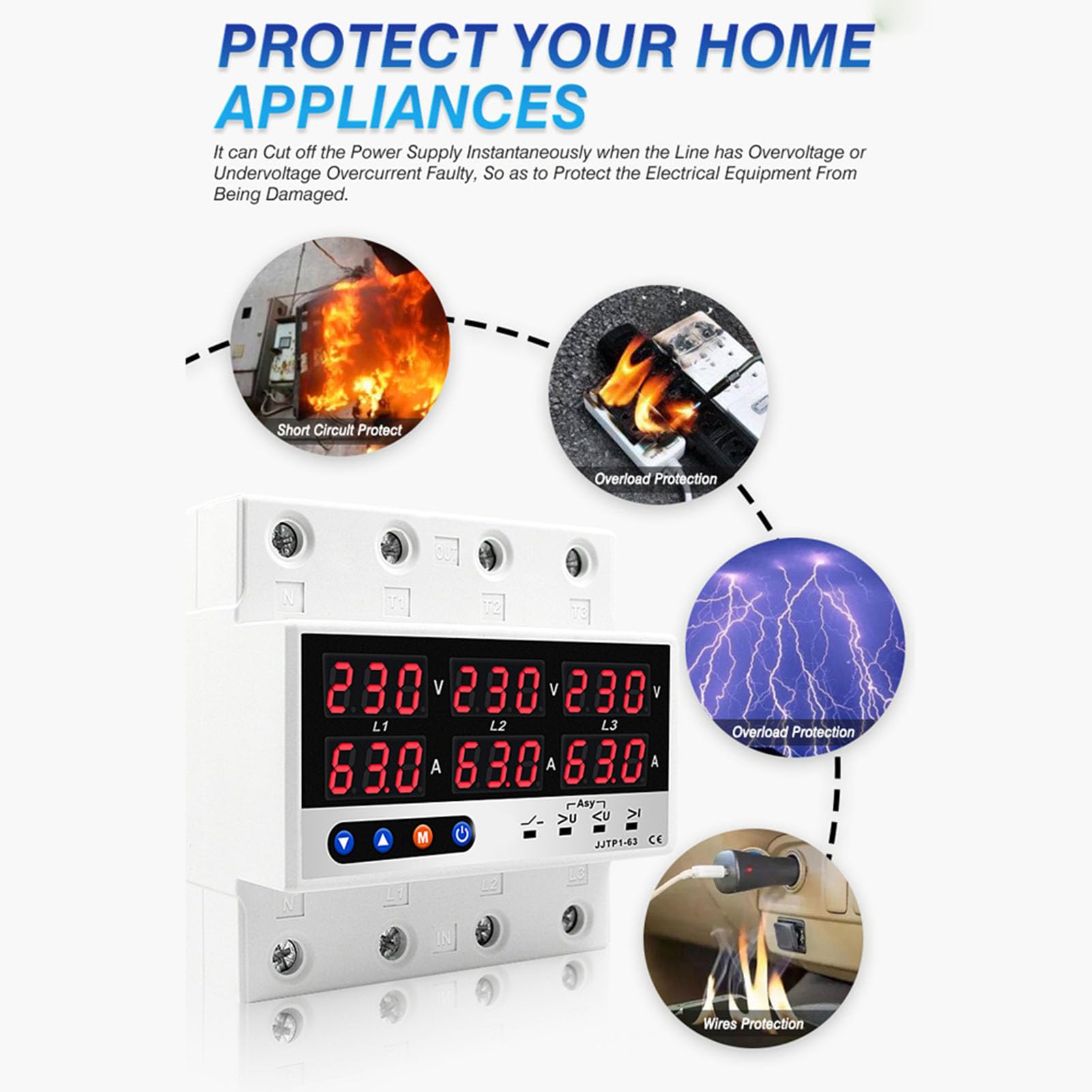 Display LCD Protezione auto reset Protezione da sovratensione e sottotensione Interruttore automatico limitatore di corrente per elettrodomestici, materiale plastico (220V 100A)