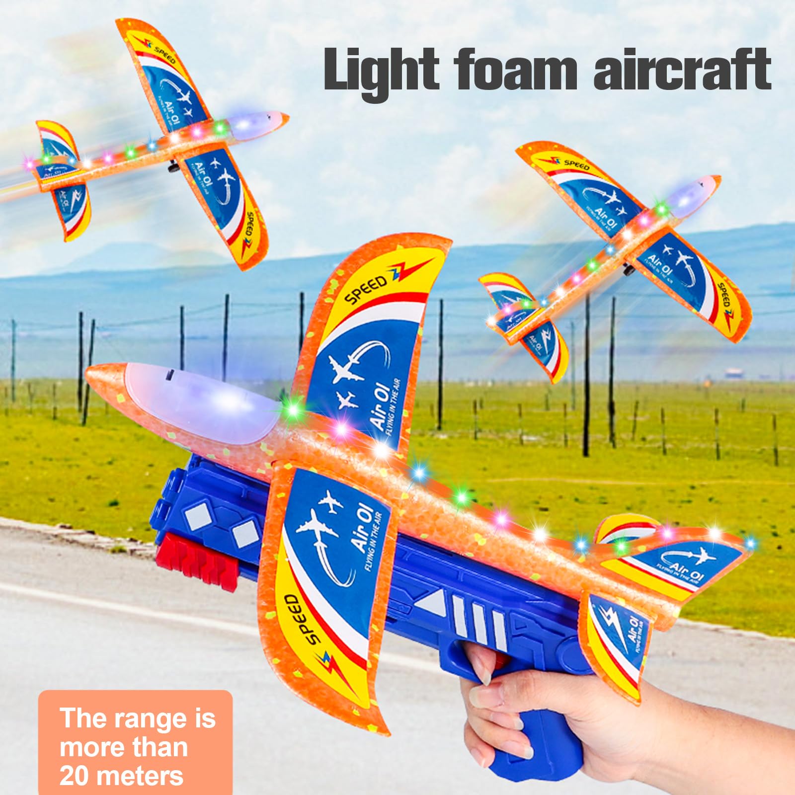 TEGOVE Avion Planeur en Polystyrène avec Pistolet Catapulte LED - 3 Avions Jouets Volants pour Enfants 3-10 Ans, Jeux de Lancer Extérieur Cadeau Anniversaire Garçon Fille - 4