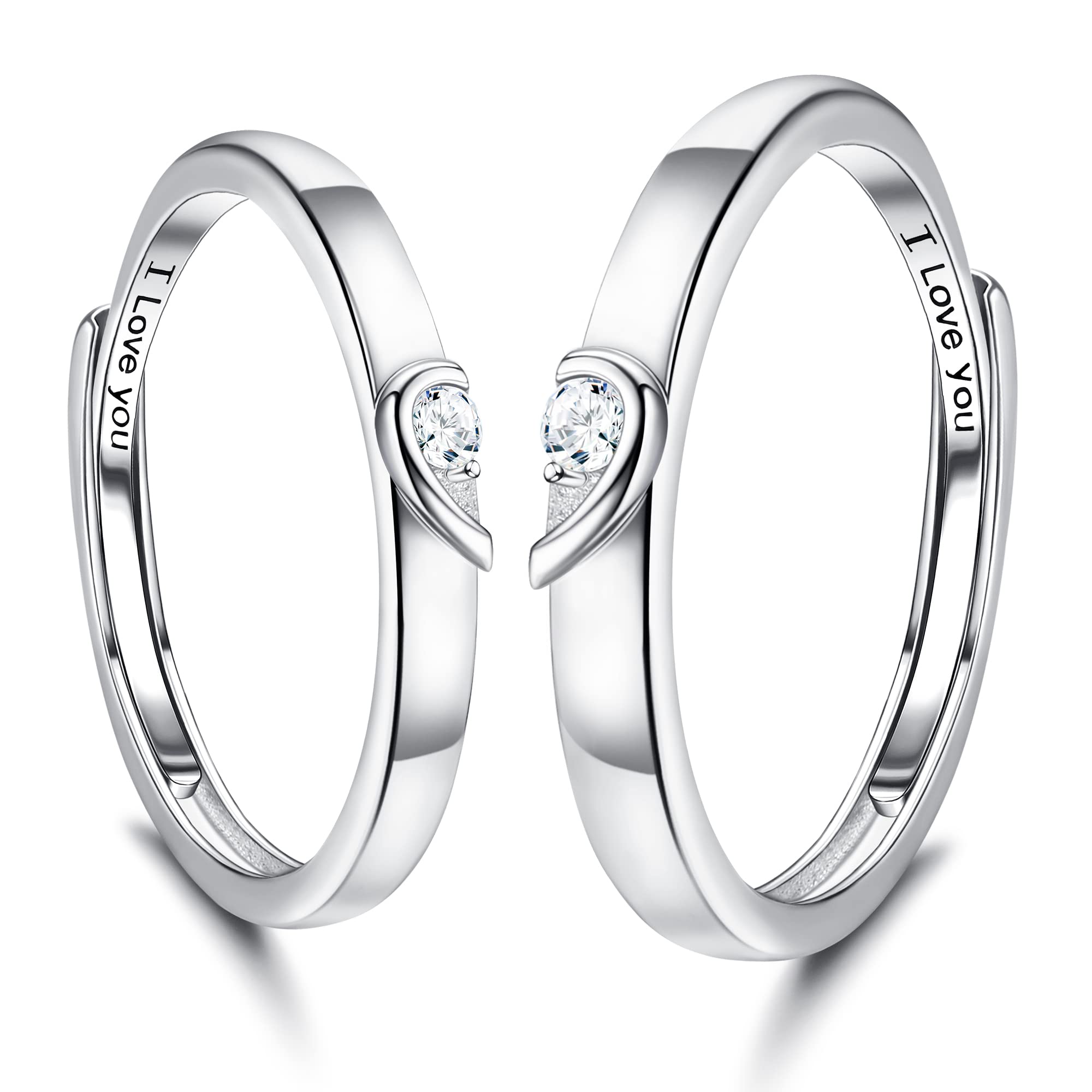 KALVICA2 Piezas Anillo Pareja Ajustable Plata de Ley 925 con Grabado I LOVE YOU Anillos de Compromiso Promesas Alianzas de Boda Anillo de Pareja Corazón de Amor con Circonita Regalo para Amantes
